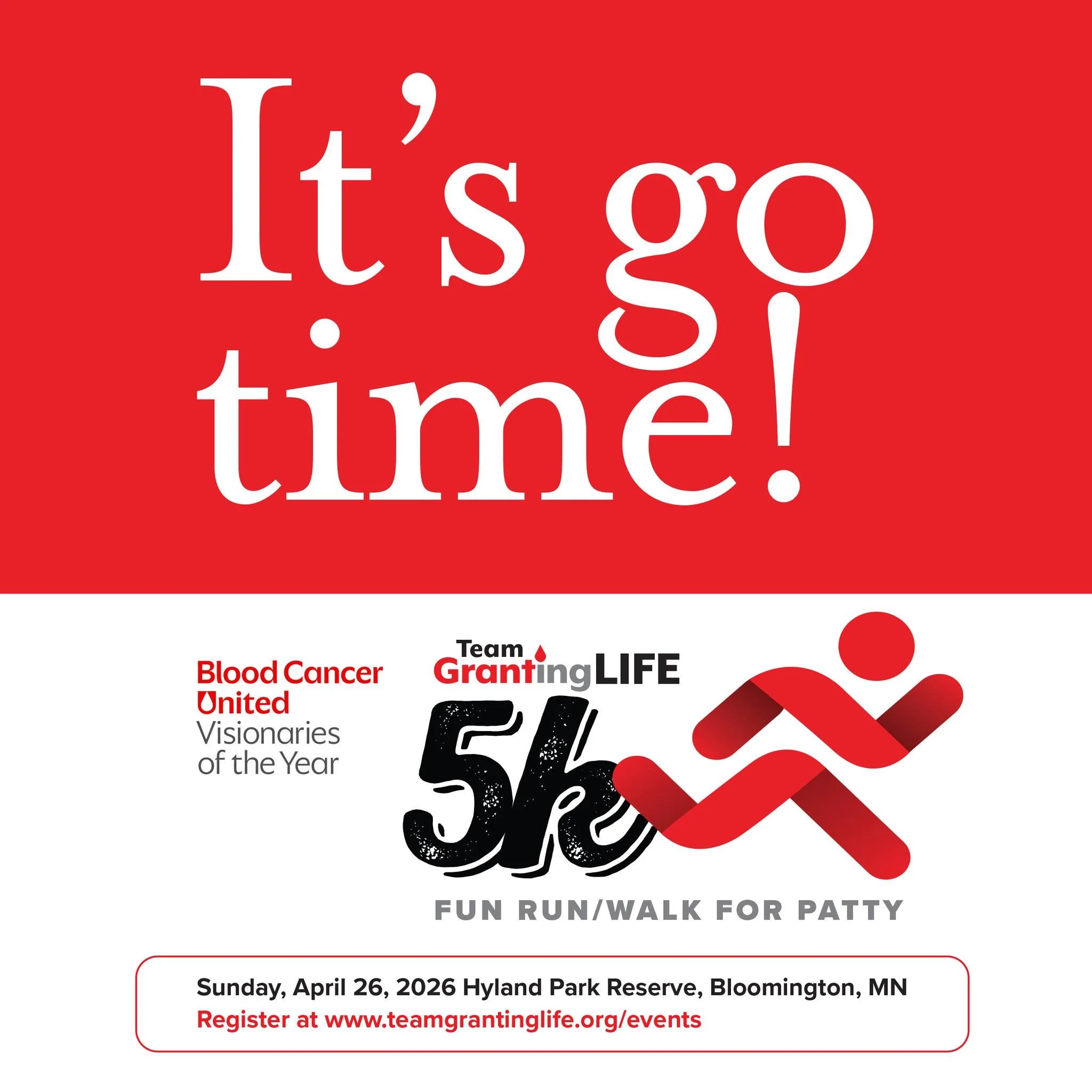 Move for a mission! 
Join Team Granting Life for a 5K Fun Run/Walk supporting blood cancer research and the families who need it most.

April 26, 2026
Hyland Park Reserve, Bloomington, MN
Register: teamgrantinglife.org/events/5kfunrunwalk (link in bi