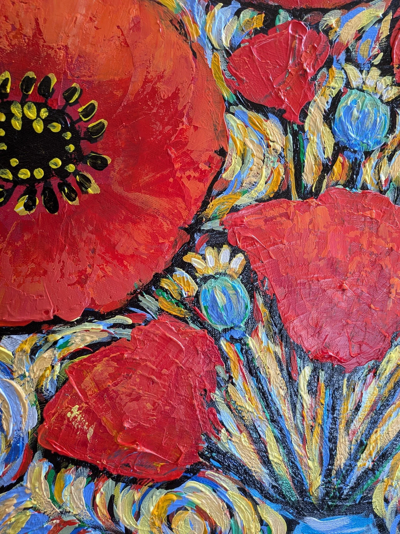 After a bit of a painting hiatus this winter I'm back with an addition to the Joyful series. Sunny Poppies, 30" x 40", work in progress. Lots of texture on this one. #joyfulart #acrylicpainting #flowerstilllife #localartist #impastopainting