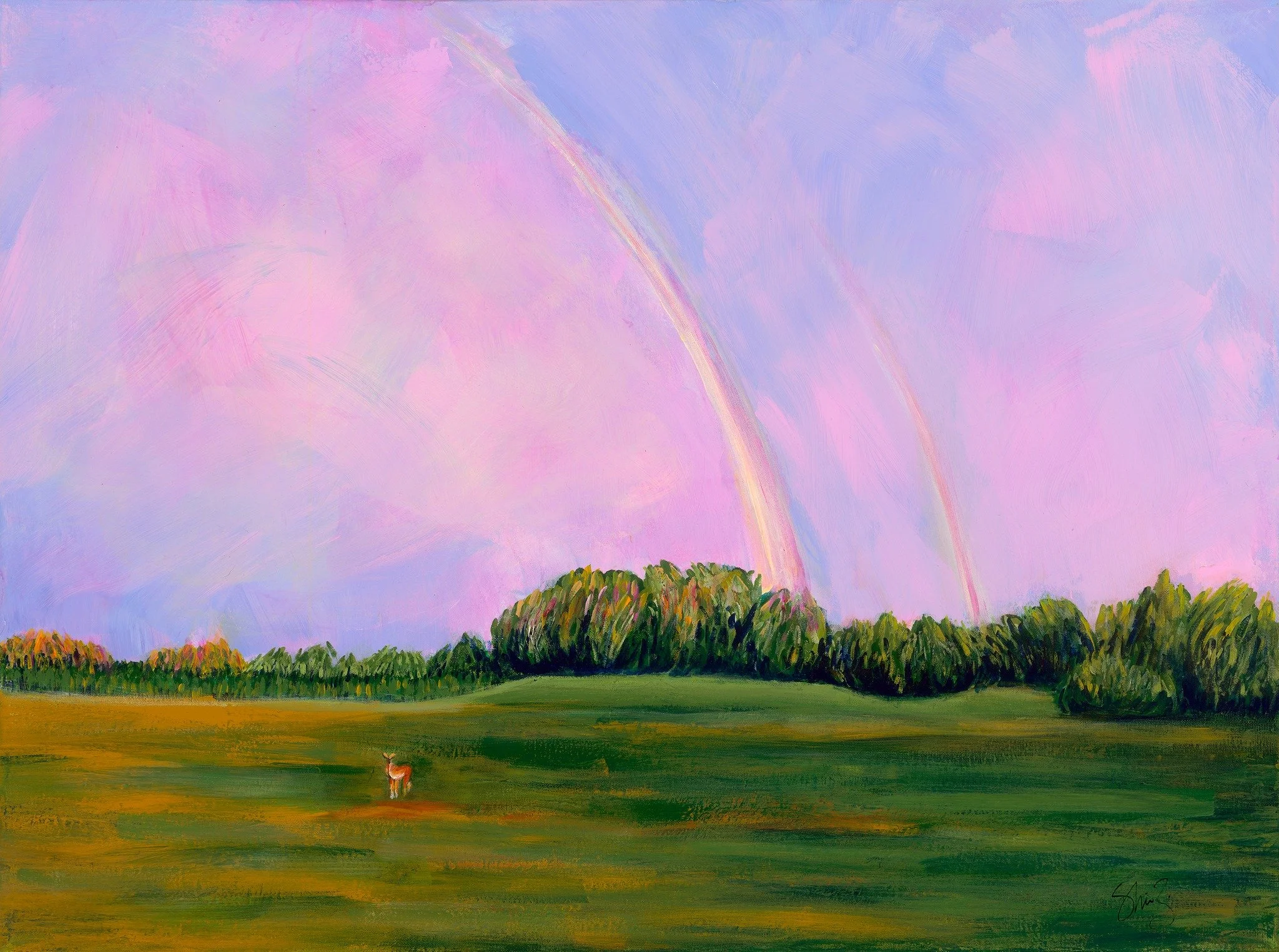Witness
30" &times; 40" &middot; Acrylic &middot; 2026

This painting captures a summer evening drive around Fountain Lake near Delano, MN. The sunset lit up the sky, a rainbow stretched across the landscape, and standing alone in the lands