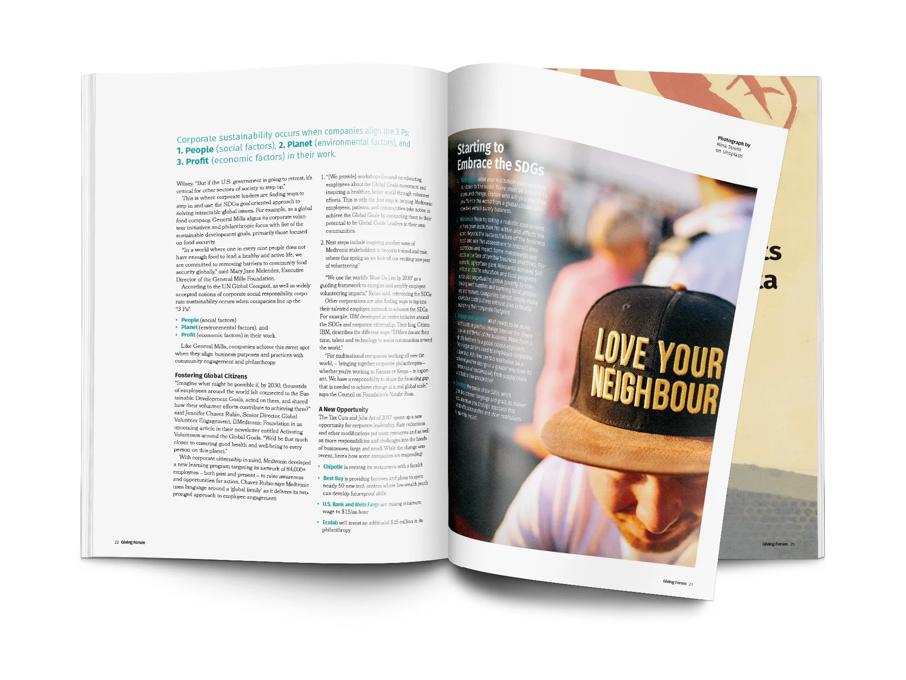 Giving Forum, V40 Spring, Corporate Citizenship feature, second spread