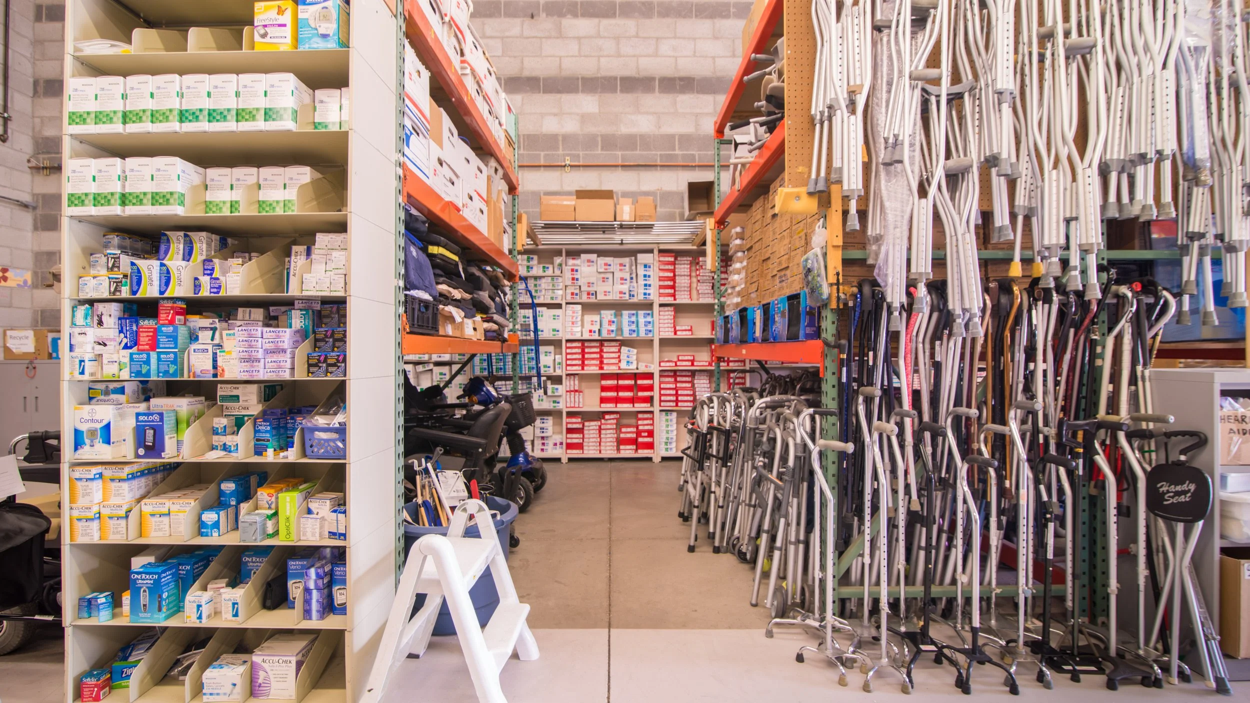 Durable medical equipment on shelves in our warehouse