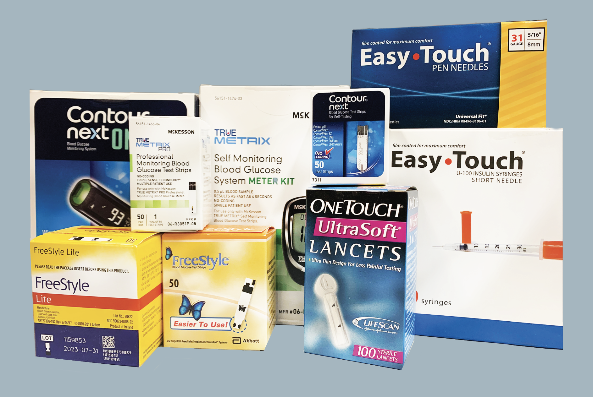 Doabetic testing supplies lancets, test strips, syringes, and glucometer