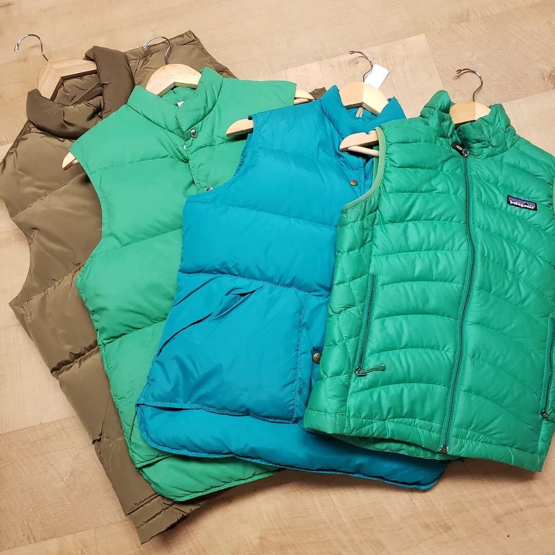 Down Vests! Great for indecisive spring layering 😉

 &harr;️ Left to Right

Lands End Down Vest
Men's XL
$14

North Woods Down Vest
Men's Medium
$28

LL Bean Goose Down Vest
Women's Small
$38

Patagonia Down Sweater Vest
Women's XSmall
$48