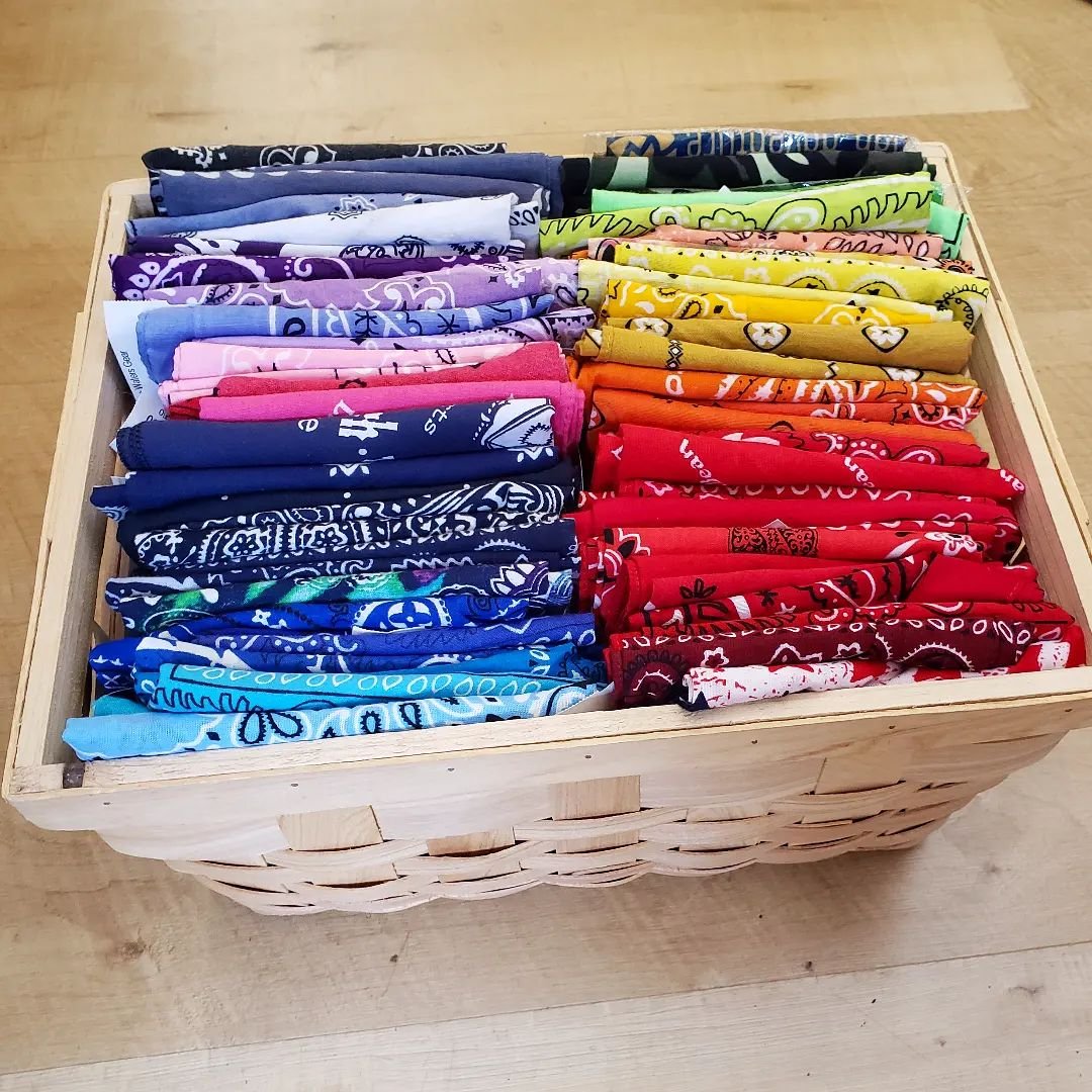 A basket of bandanas - a color for everyone! 
$4 each