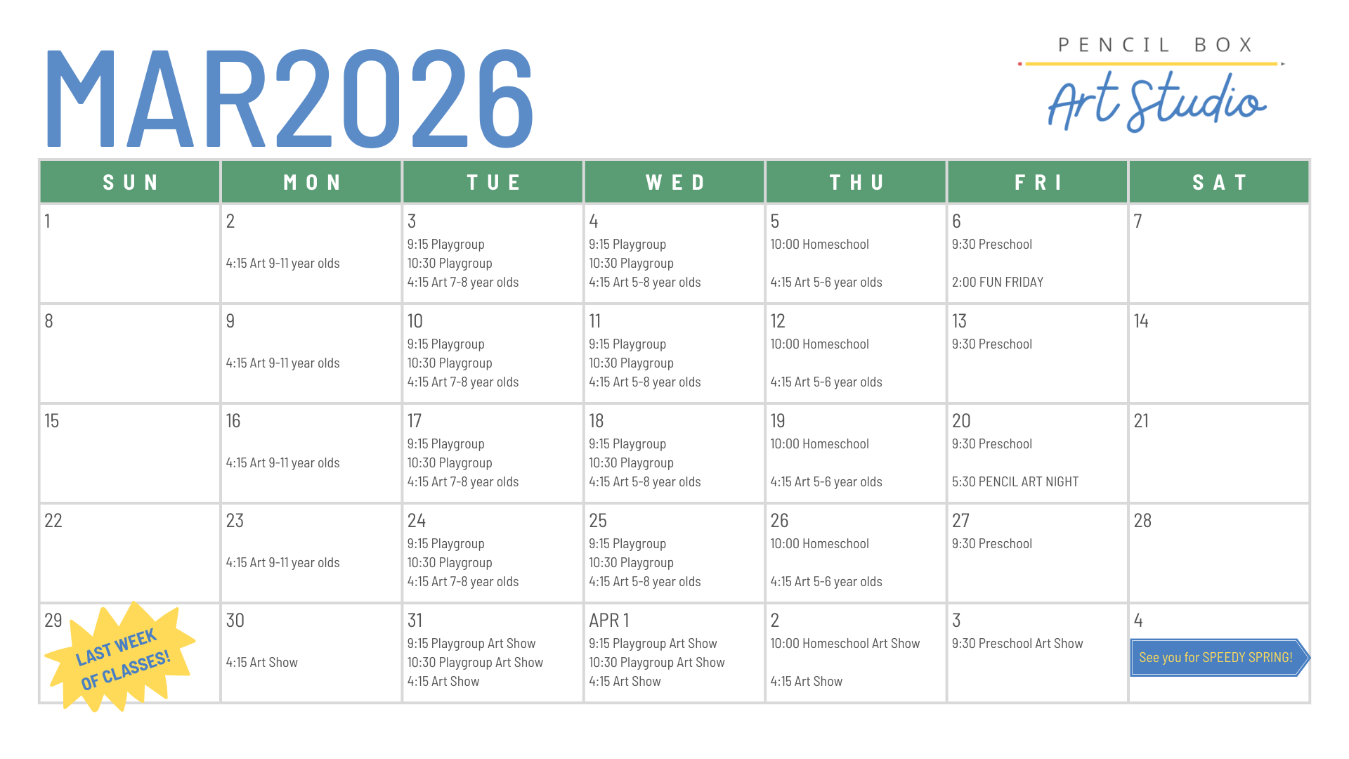 March Studio Schedule 2026