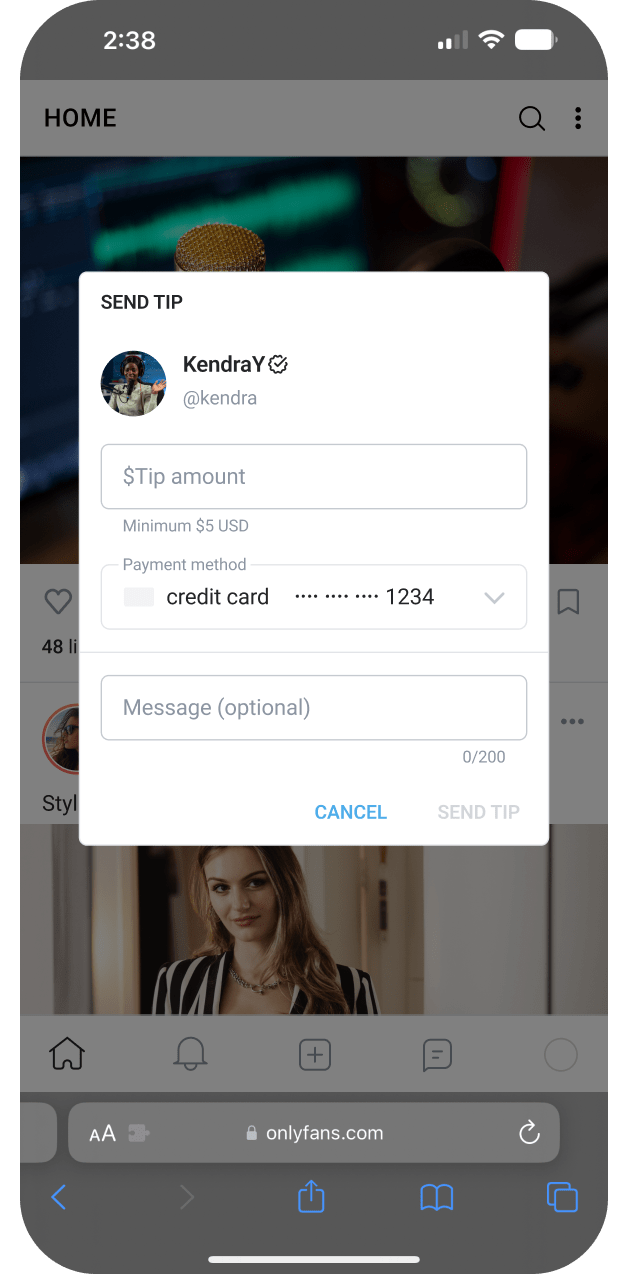Mobile device with OnlyFans platform seen, showing the input boxes for sending a tip to a creator