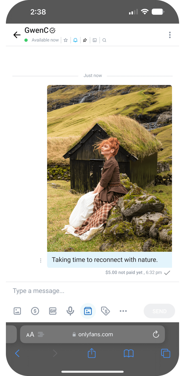 Mobile device with OnlyFans platform seen, showing a paid direct message sent to another user