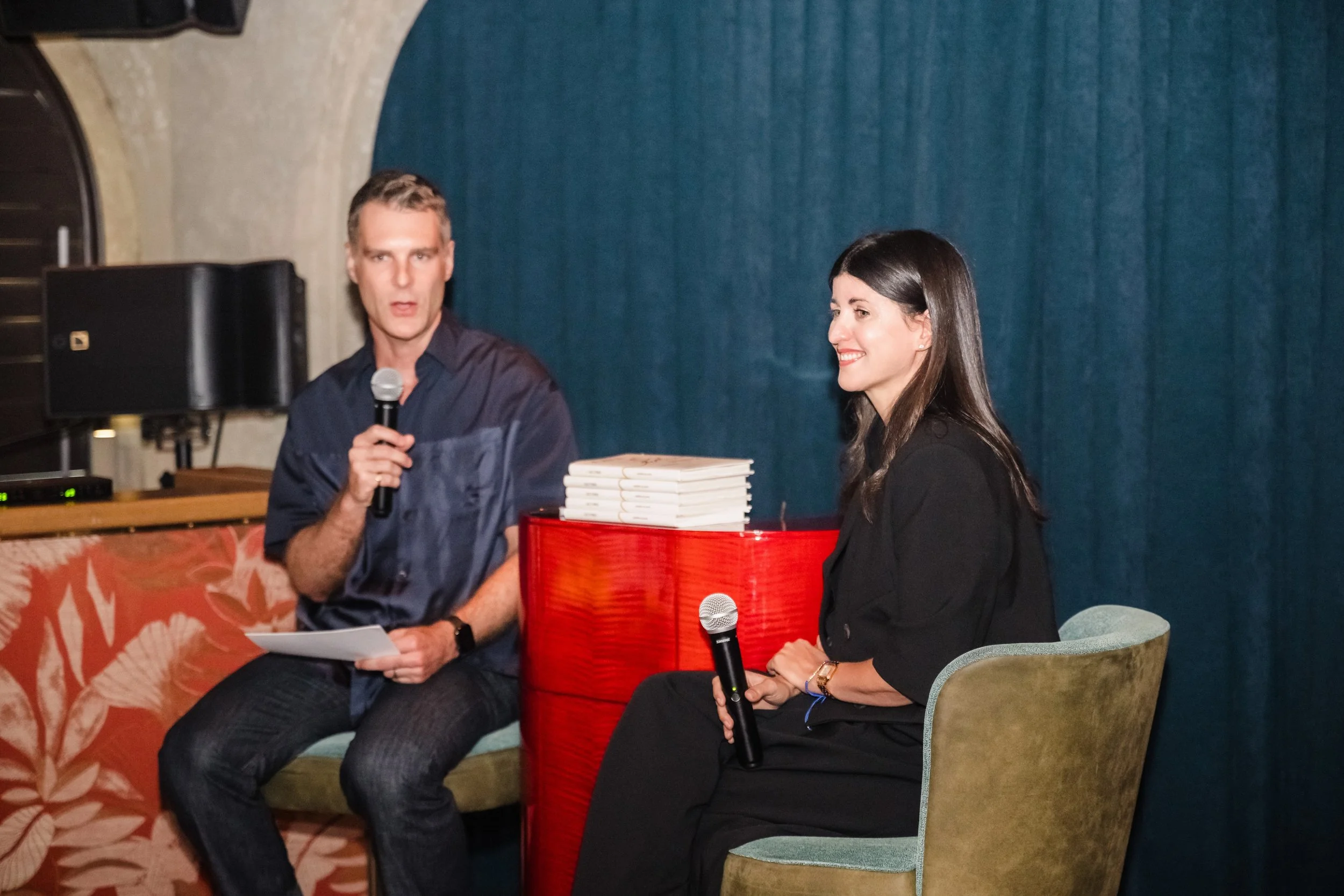 Keren Eldad speaks during a live discussion at the Gilt Free book launch event at Harbour Club in Miami Beach.