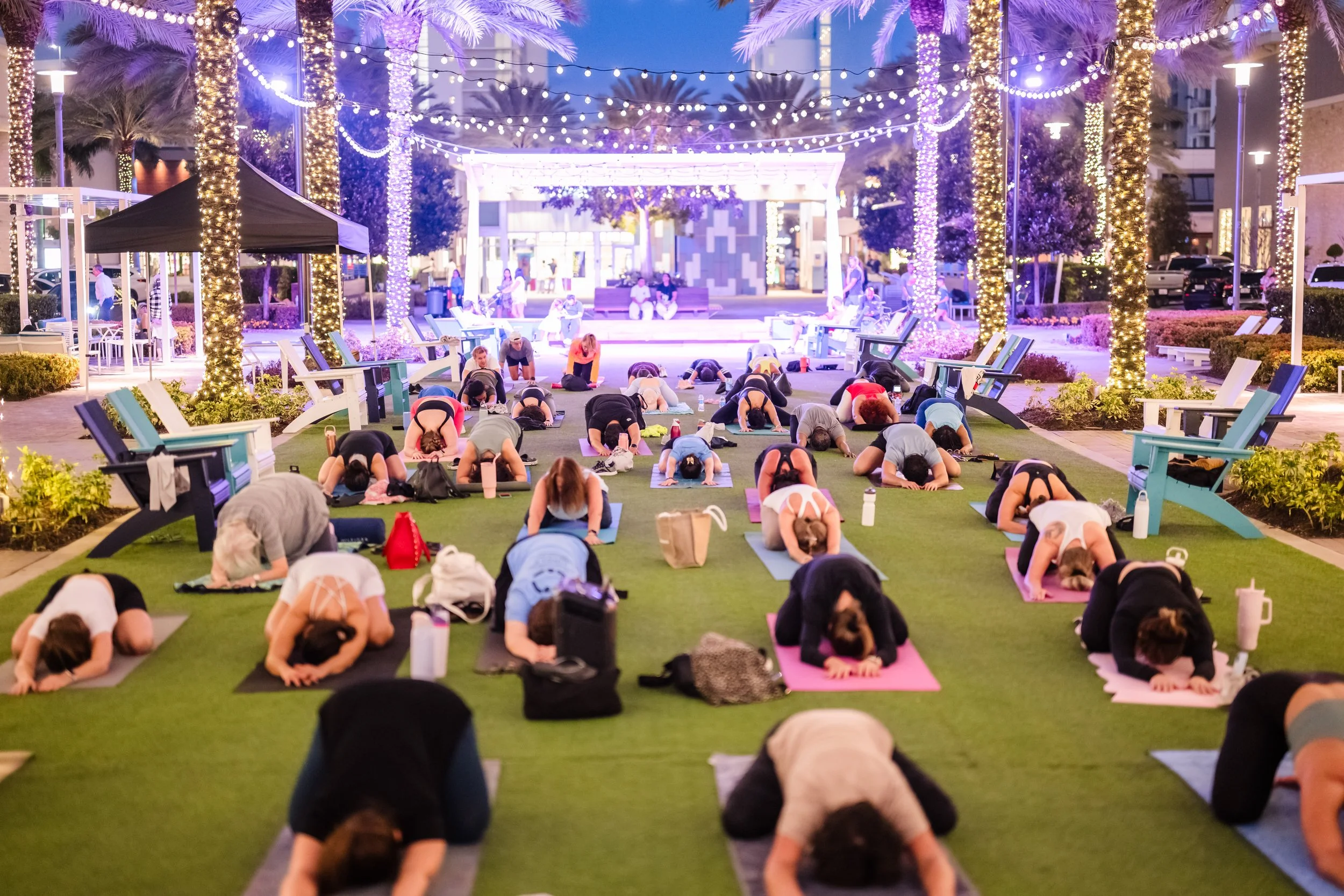 A large group of people participating in a yoga class outdoors at twilight, with palm trees decorated with string lights, on a grassy area with benches and tables around.