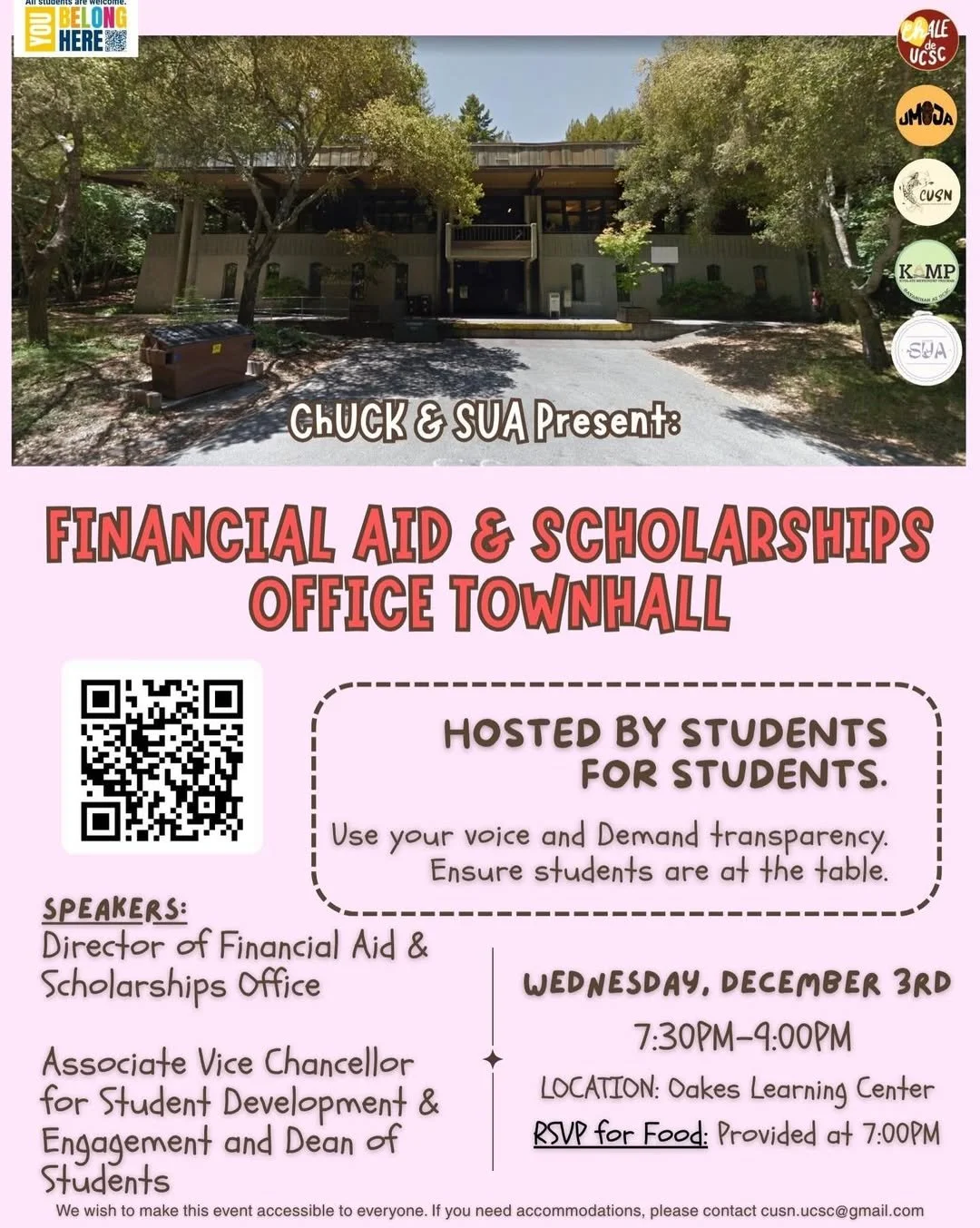 Financial Aid Town Hall at Oakes Learning Center on Wednesday December 3rd from 7:30pm-9pm