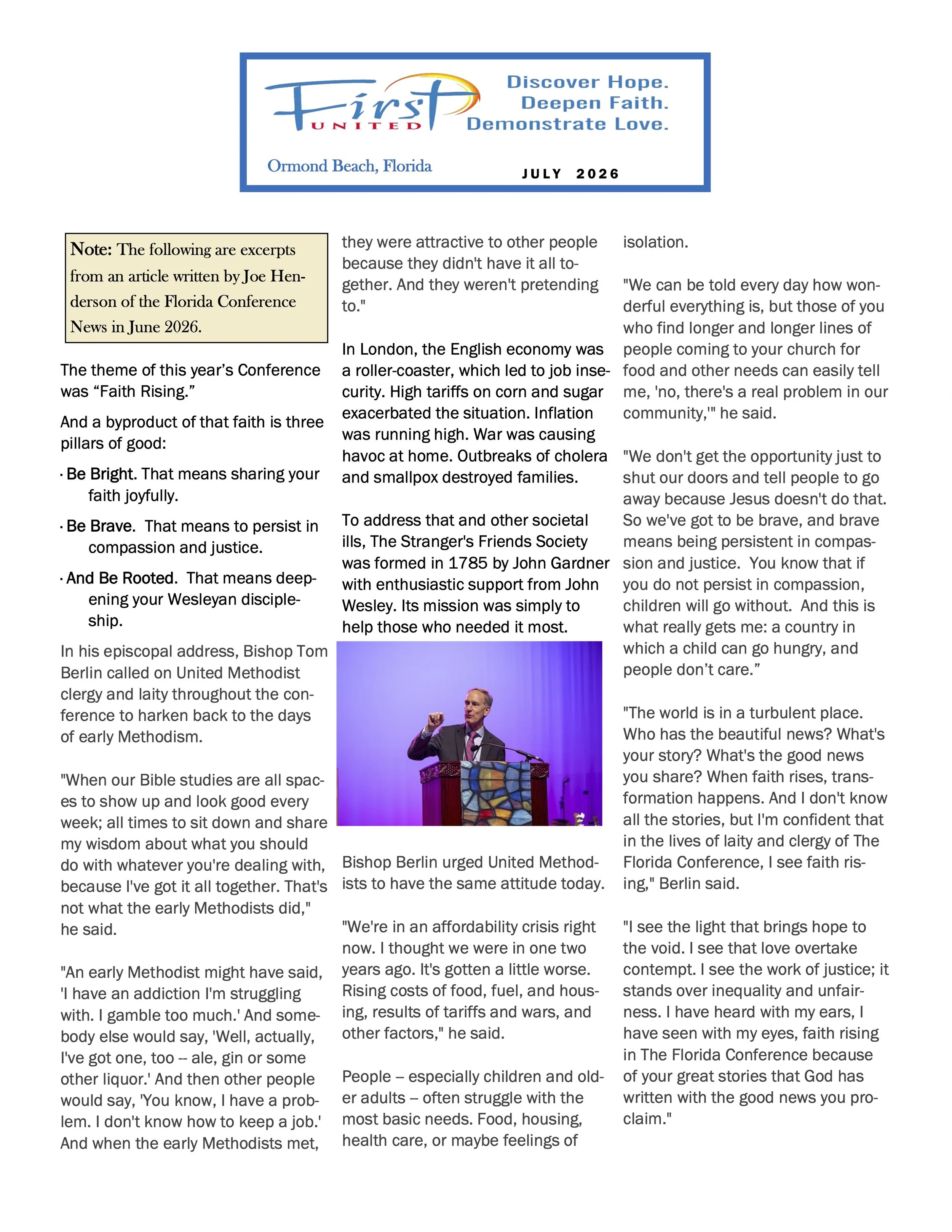 Newsletter from First United Church in Ormond Beach, Florida, dated July 2025, featuring prayers and spiritual reflections with images of a smiling man and praying hands.
