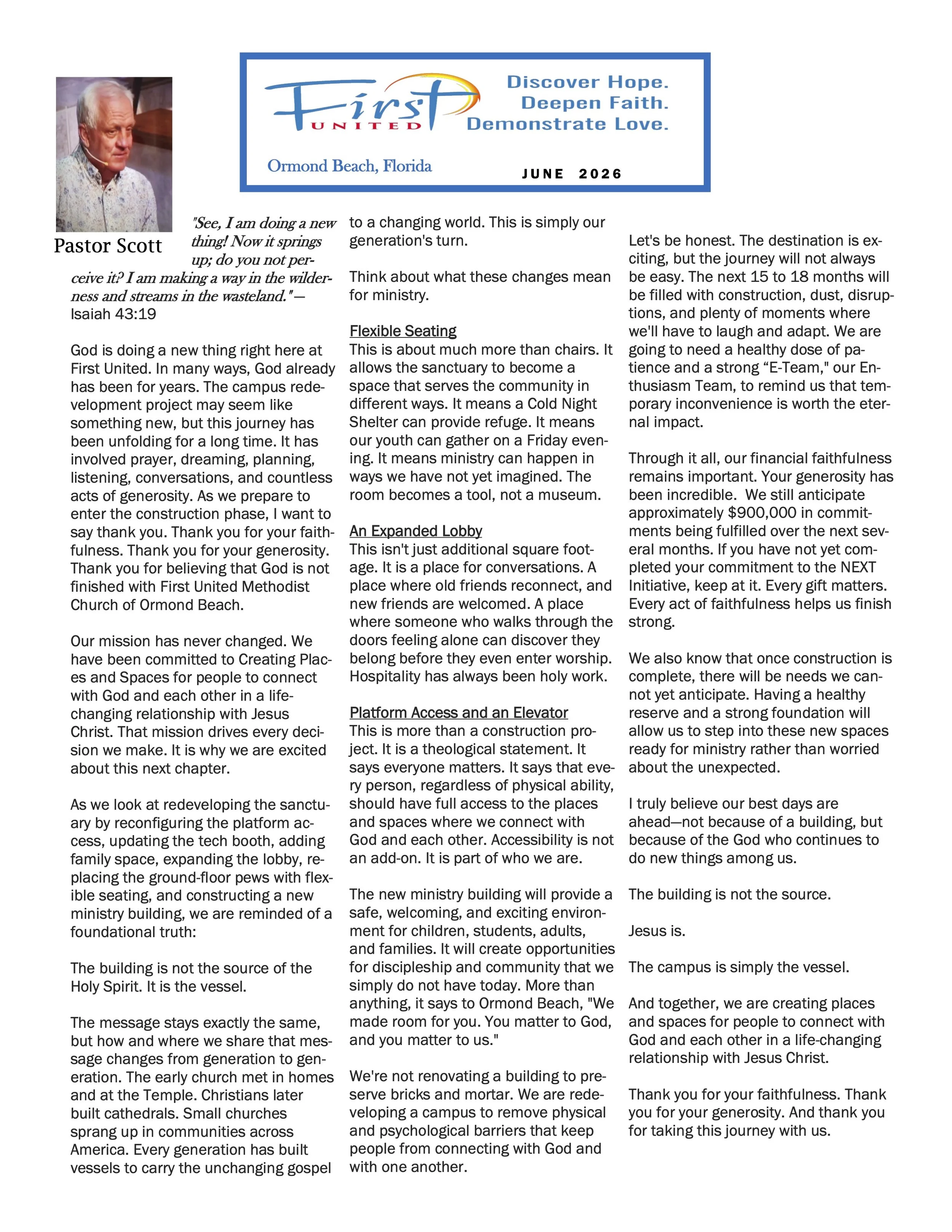 Newsletter announcing the relocation of Gathering Place to a new facility at Liberty Business Park, 518 K Fentress Blvd., with photos of the new entry area, worship area, and a woman welcoming visitors, along with several informational text boxes.