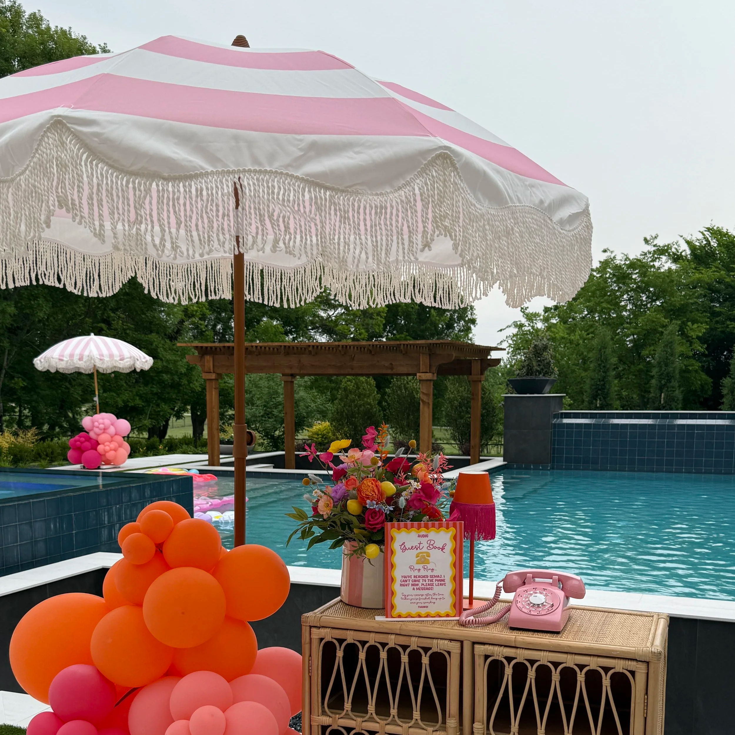 Pink & White Striped Fringe Umbrella