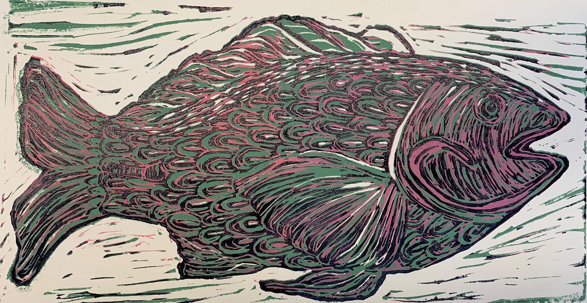 Hook, Line, and Sinker, Hand Painted Linocut Print, Barbara H Greenwood