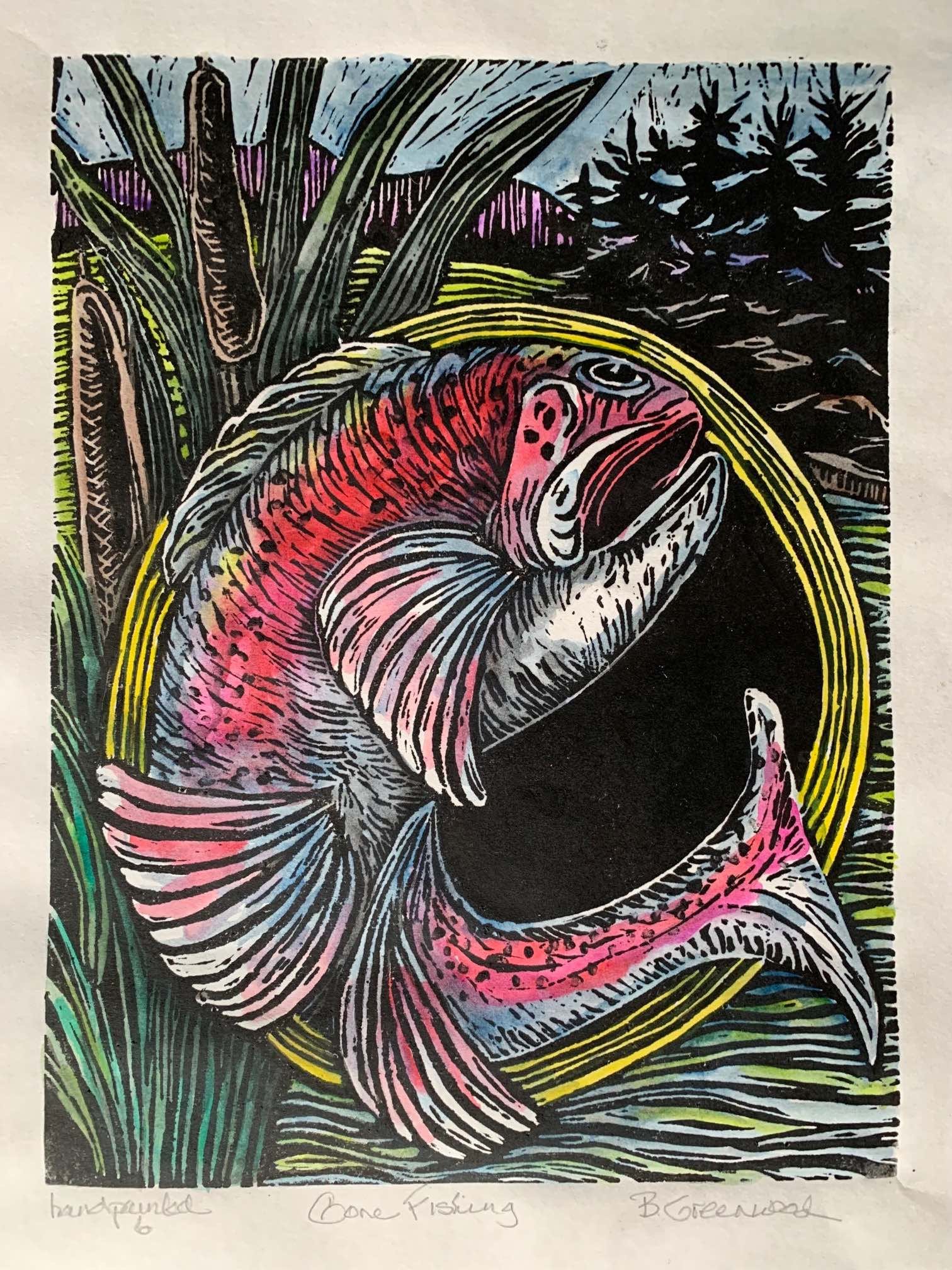 Gone Fishing, Original Hand Painted Linocut, Barbara H Greenwood