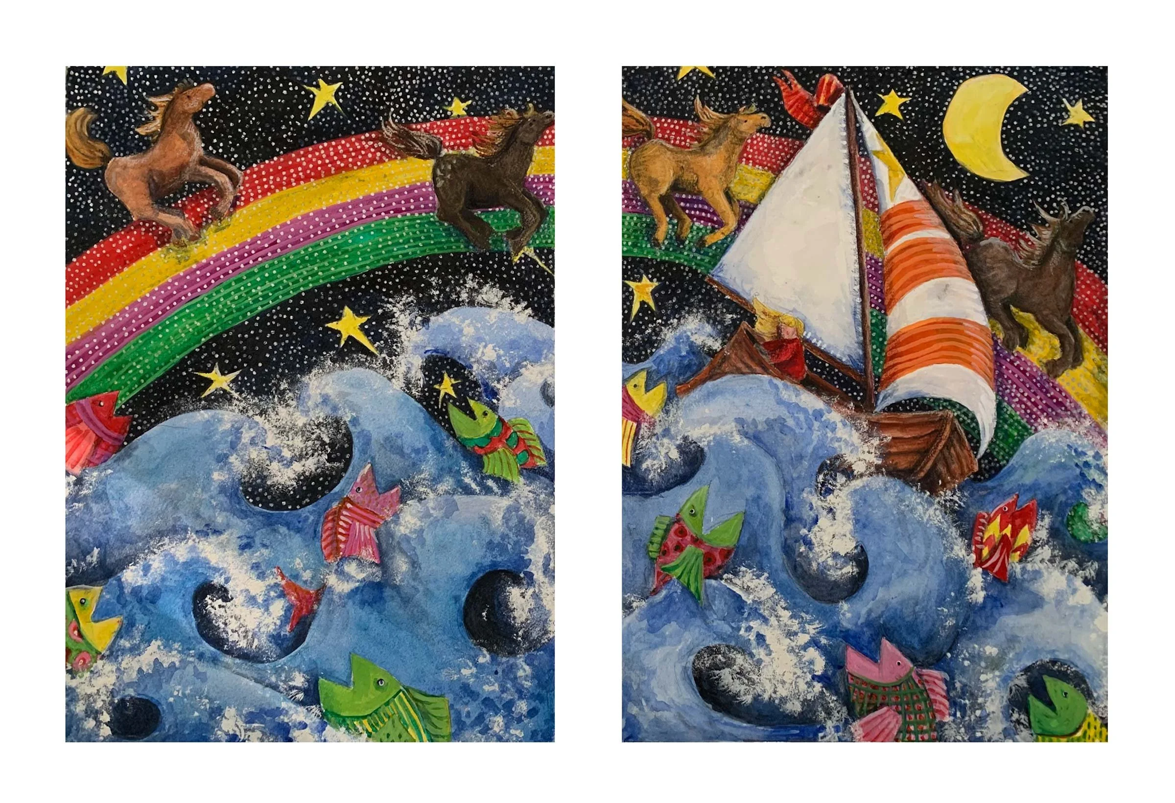 Winkin, Blinkin, and Nod, Original Watercolor Painting and Mixed Media Art, Barbara H Greenwood