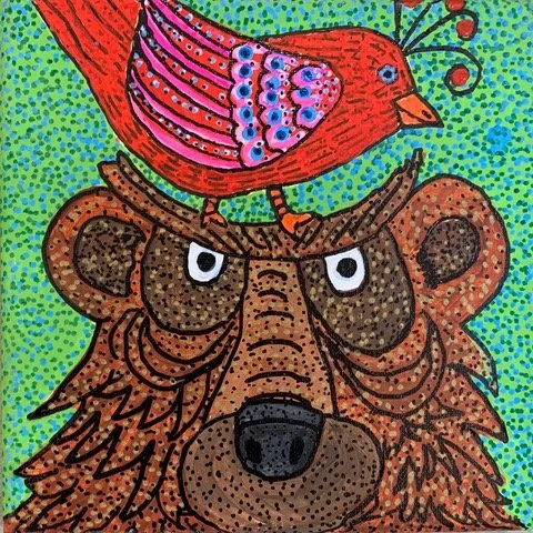 George and Friend, Original Acrylic Painting with Oil Base Pens, My Dottie Friends, Barbara H Greenwood