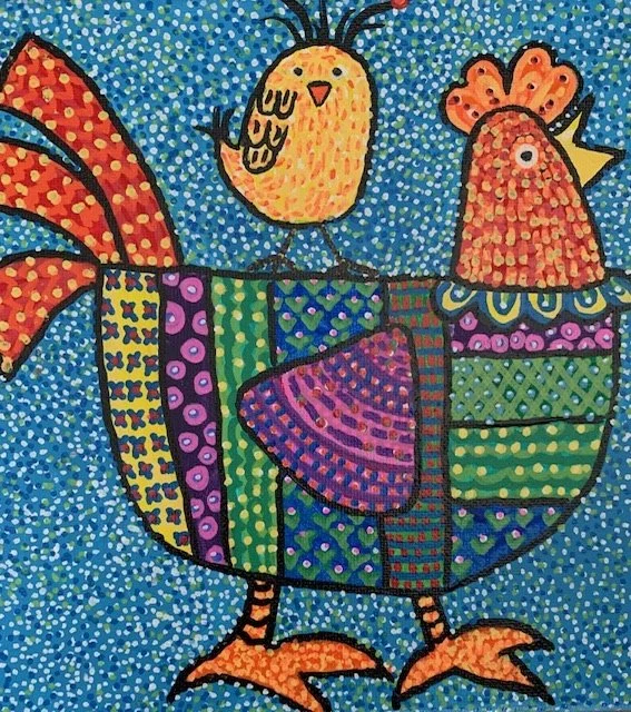 Chicken Little,Original Acrylic Painting with Oil Base Pens, My Dottie Friends, Barbara H Greenwood