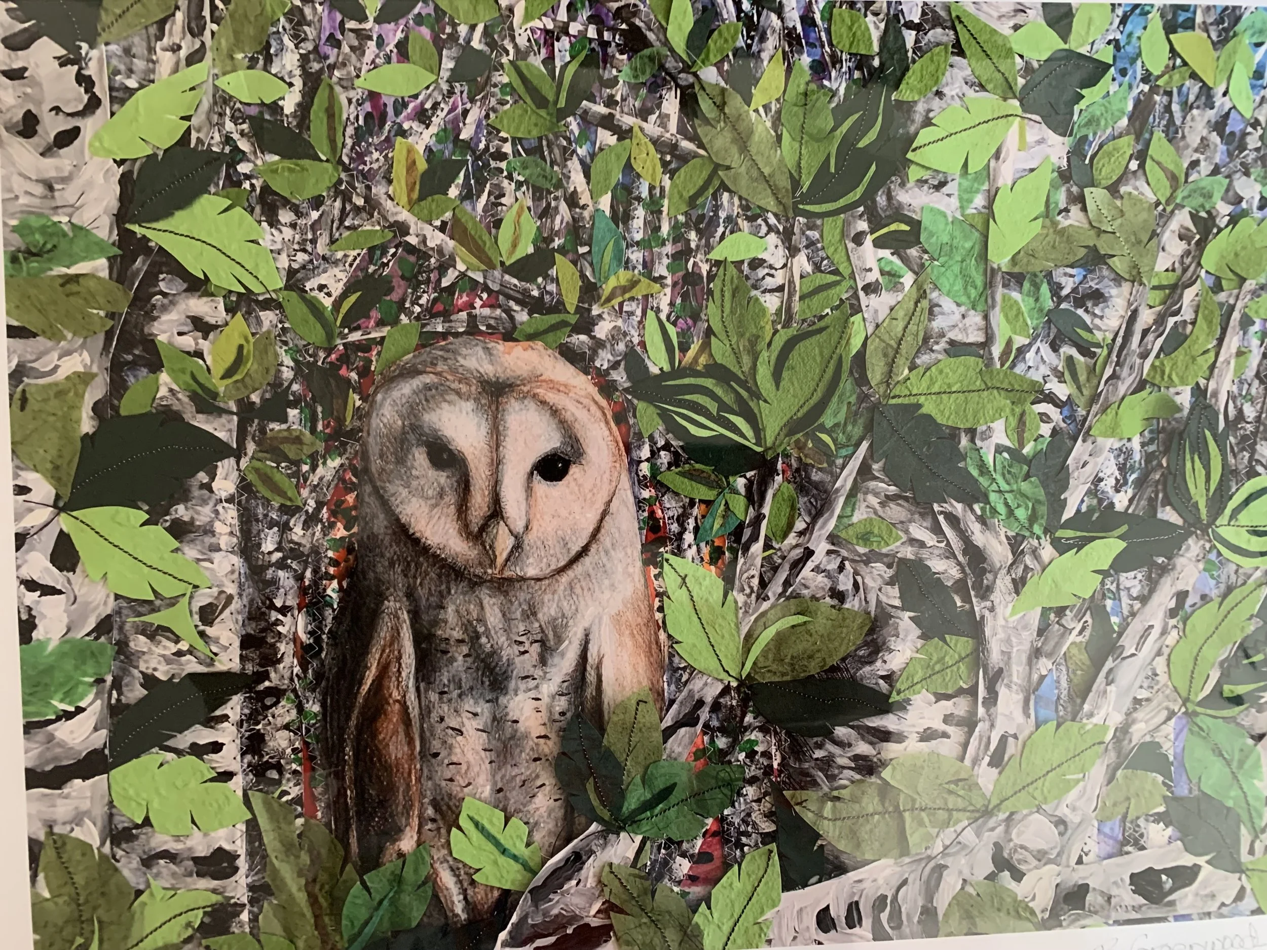 Owl in the Birches, Original Mixed Media, Barbara H Greenwood