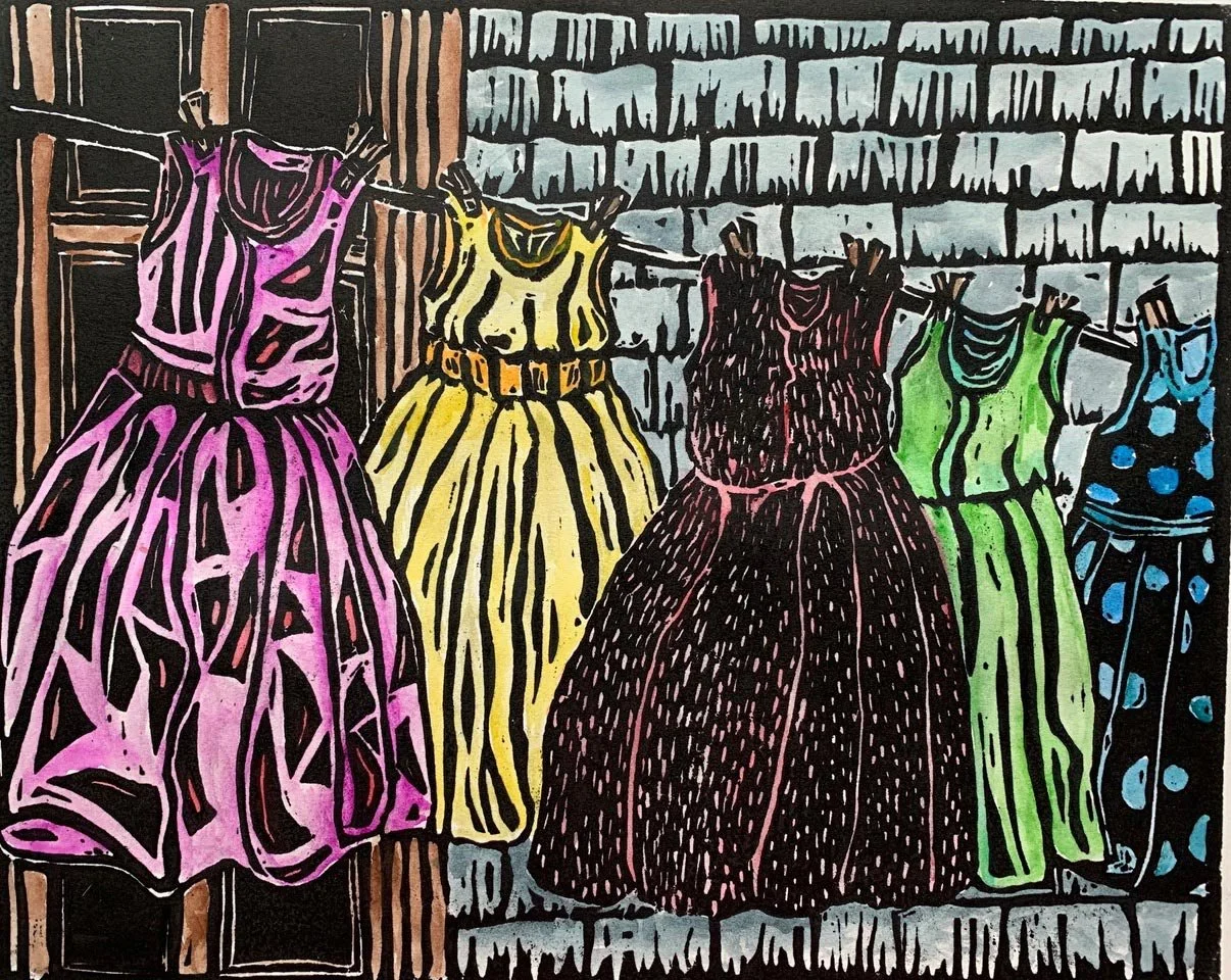 Laundry Day, Original Linocut Print, Barbara H Greenwood