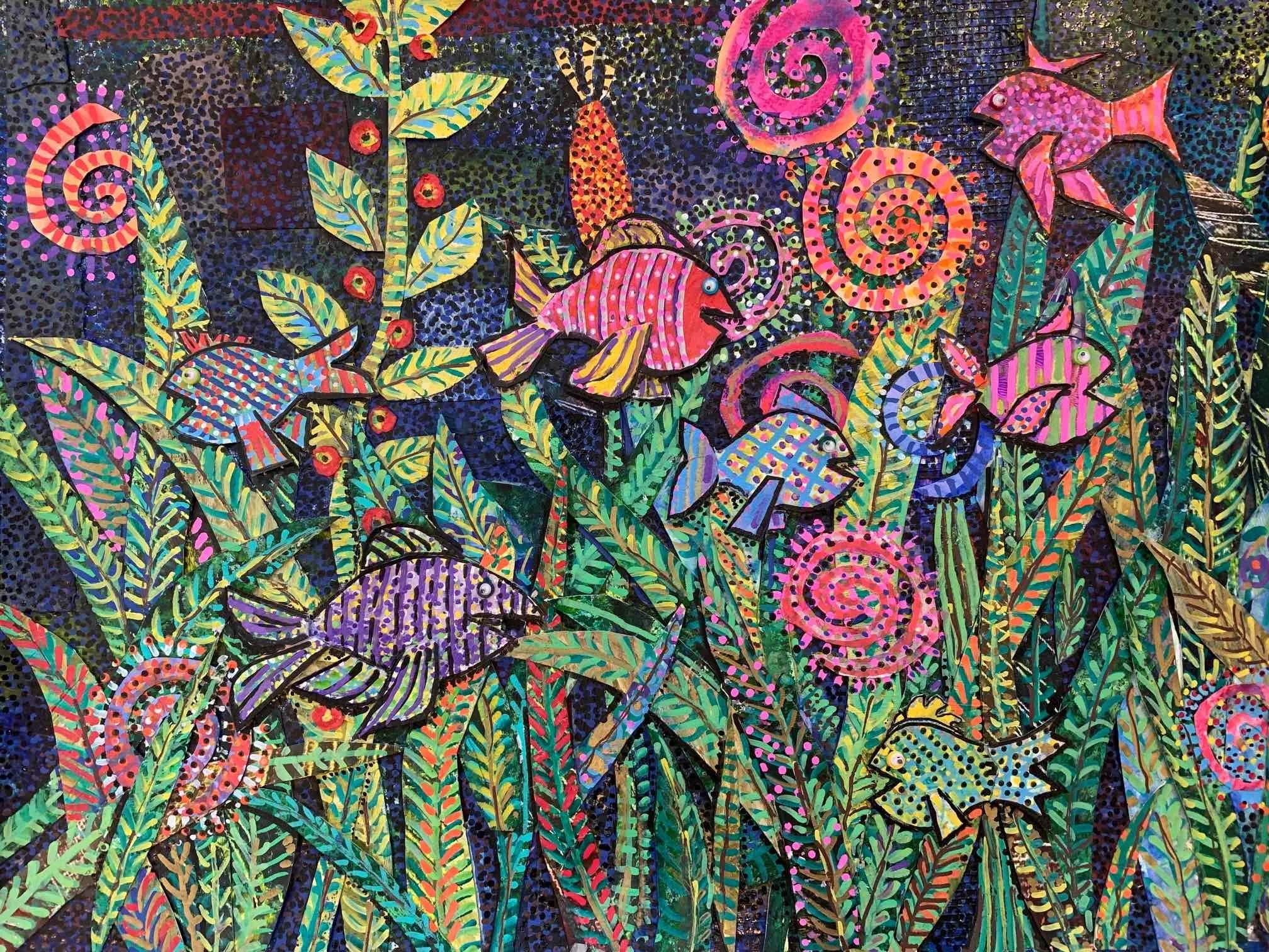 Getting Along Swimmingly, Acrylic with Oil Base Pens, Water Base Crayons, Paper, Goofy Eyes, Barbara H Greenwood