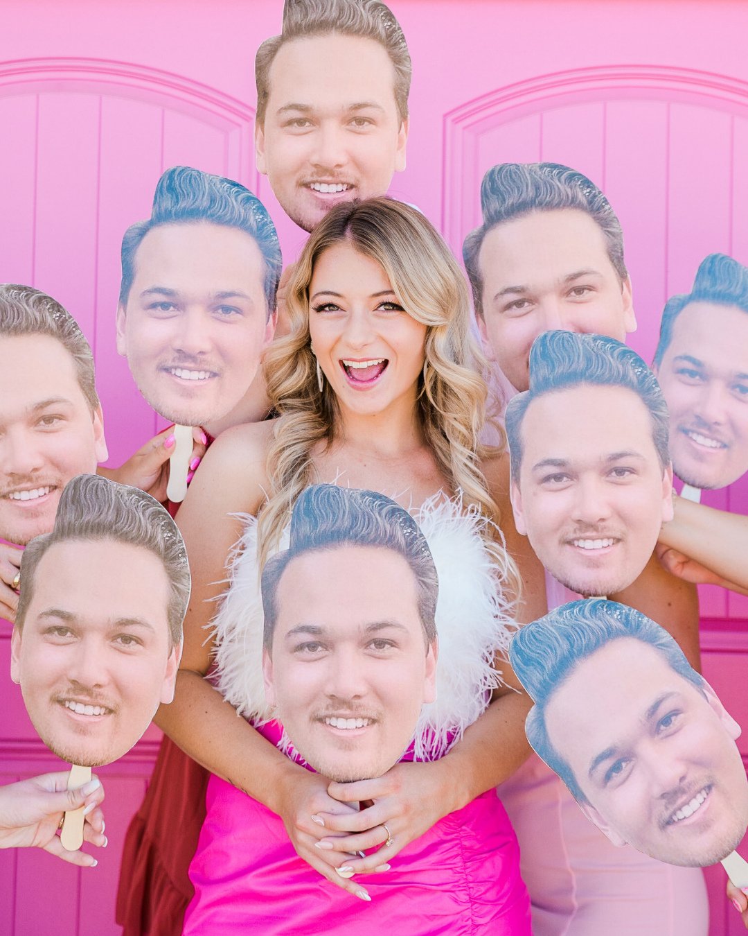 When your girls go all out for your big weekend... including showing up with 12 giant cutouts of your man&rsquo;s face 😭✨ The drama. The dedication. The memories. 10/10 recommend surprising your bride with something amazing like this.⁠
⁠
📸: We make