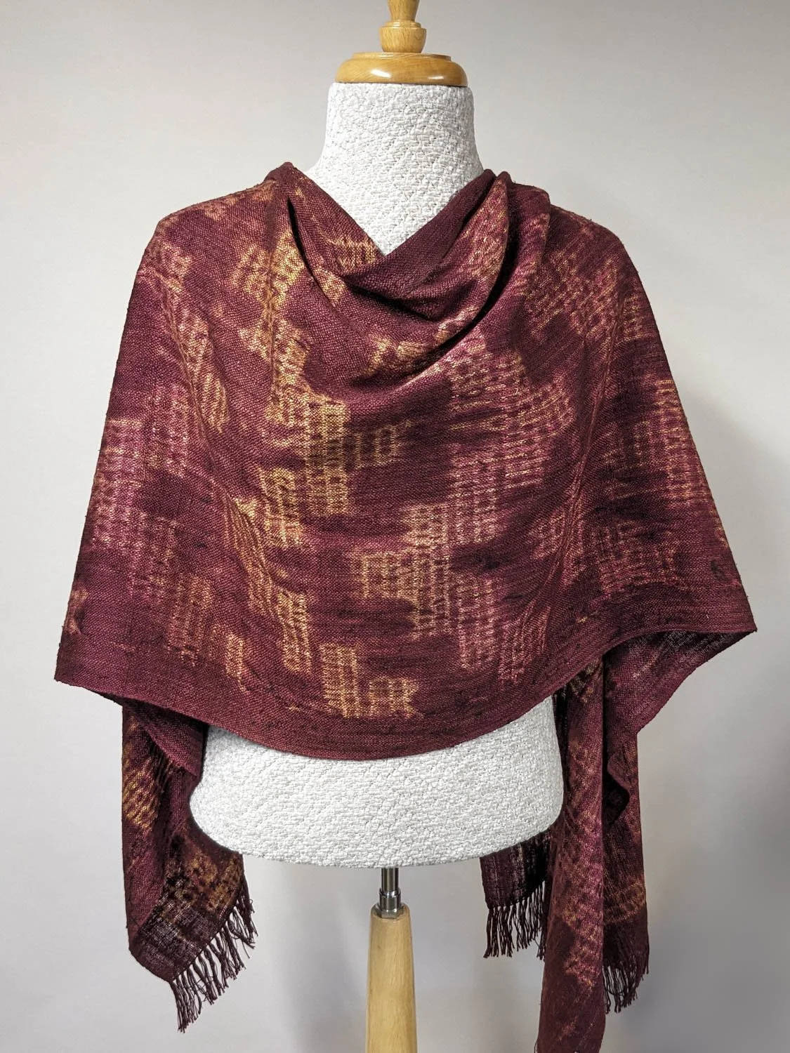 DEEP RED SHIBORI WRAP, 21 x 70 inches + fringe, $290