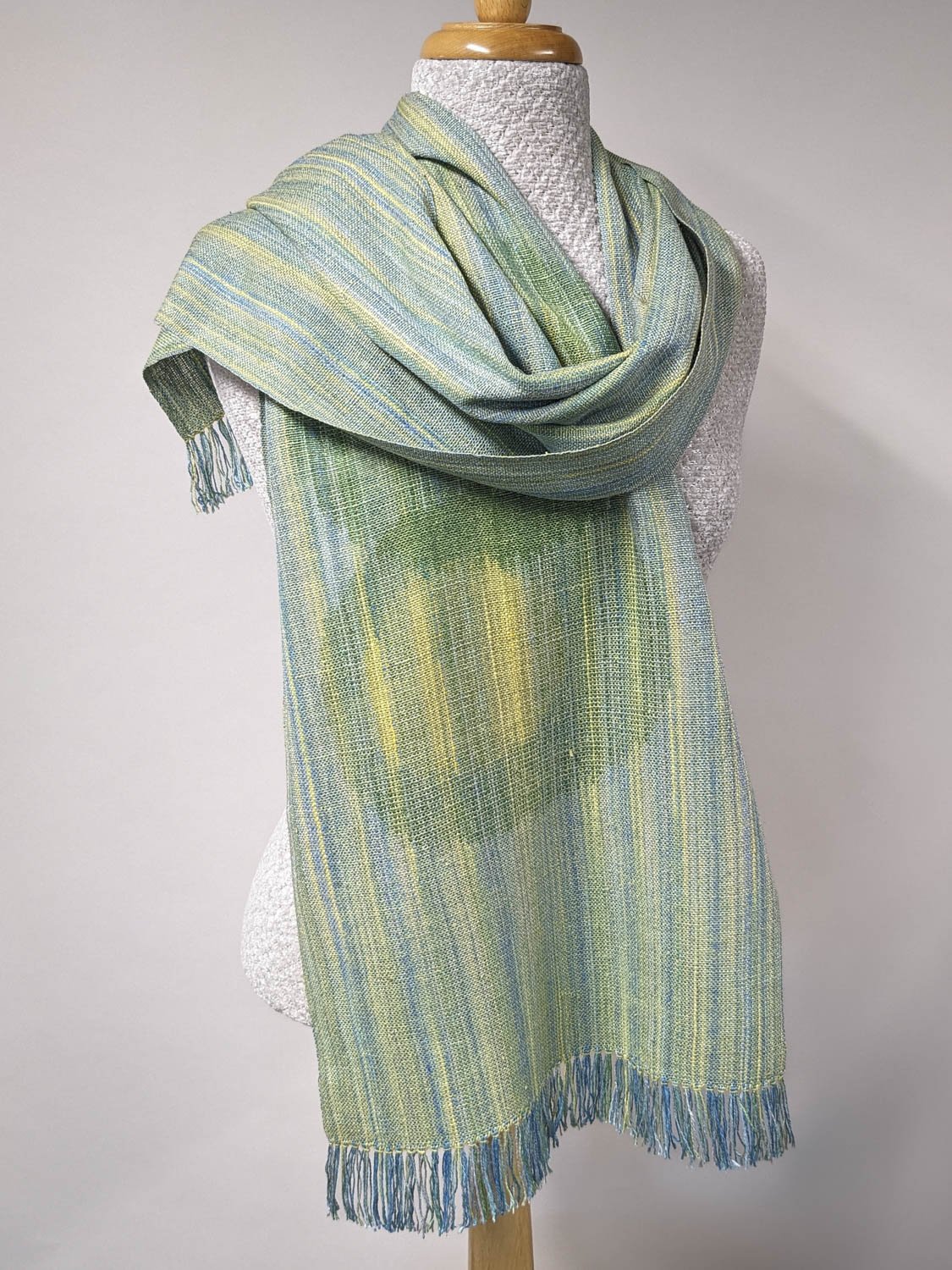 GREEN DOTS STENCILED SCARF, 14 x 69 inches + fringe, $185