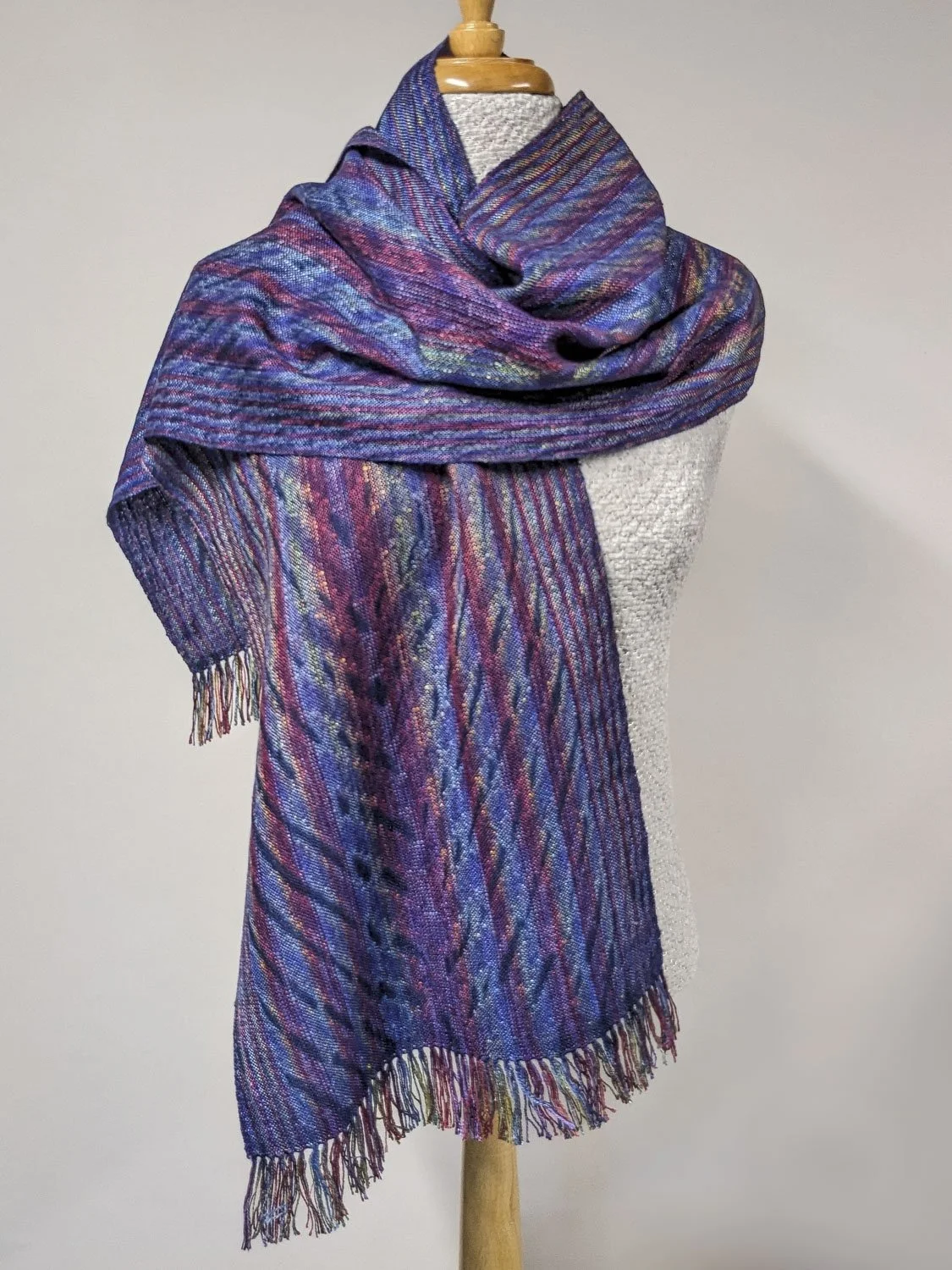 DEEP BLUE RAINBOW SHIBORI SCARF, 13.5 x 69 inches + fringe, $185