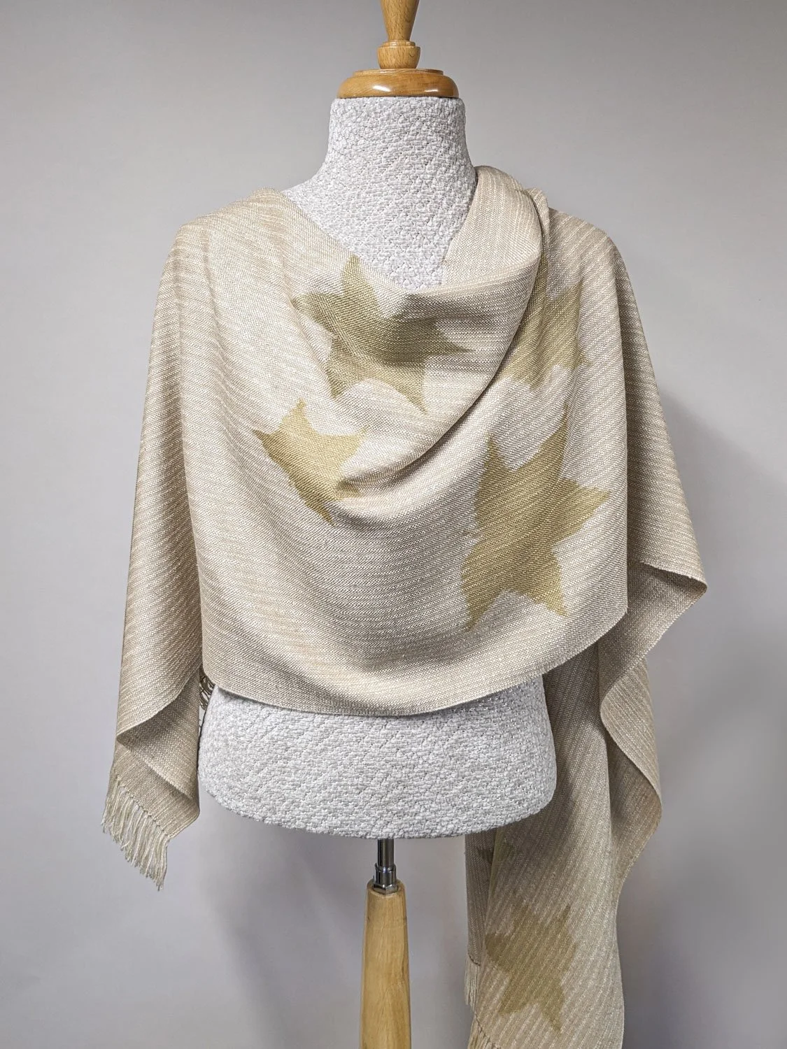 NATURAL SWEET GUM LEAVES STENCILED WRAP, 21.5 x 70 inches + fringe, $355