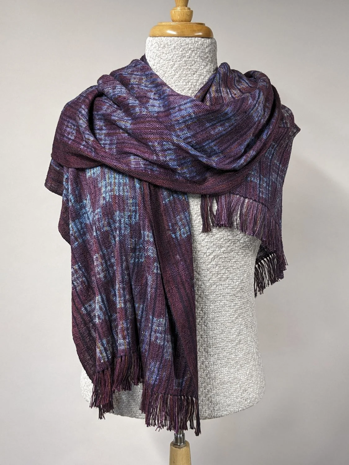 BURGANDY & BLUES WRAP, 21.5 x 80 inches + fringe, $290