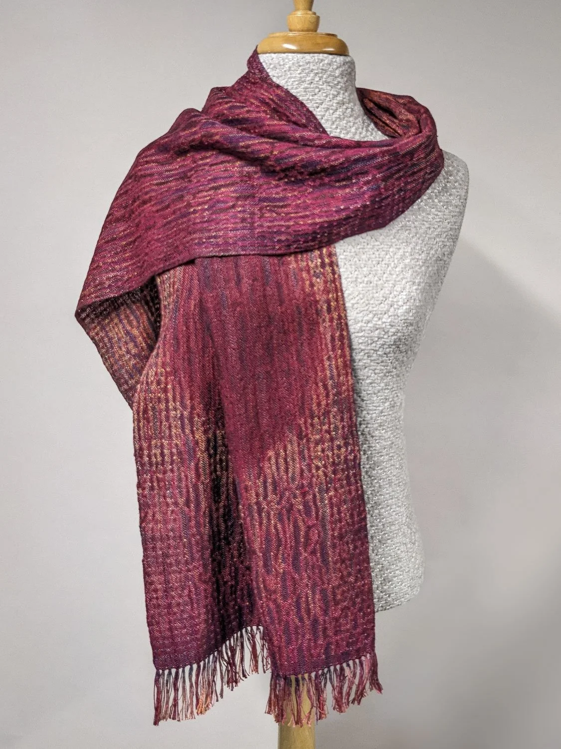 RED STENCILED DOT SHIBORI SCARF, 13.5 x 68 inches + fringe, $190