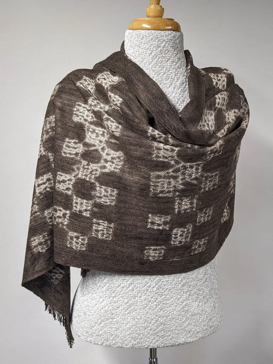 BROWN DYED WRAP, 20 x 66 inches + fringe, $290