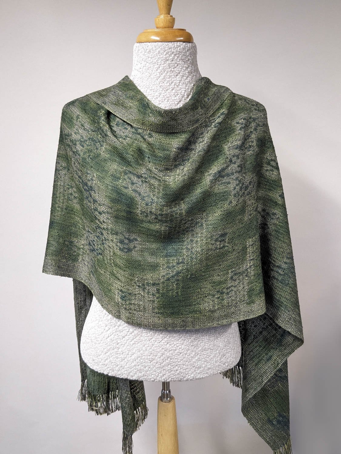 DUSTY GREEN SHIBORI WRAP, 21.75 x 69 inches + fringe, $290