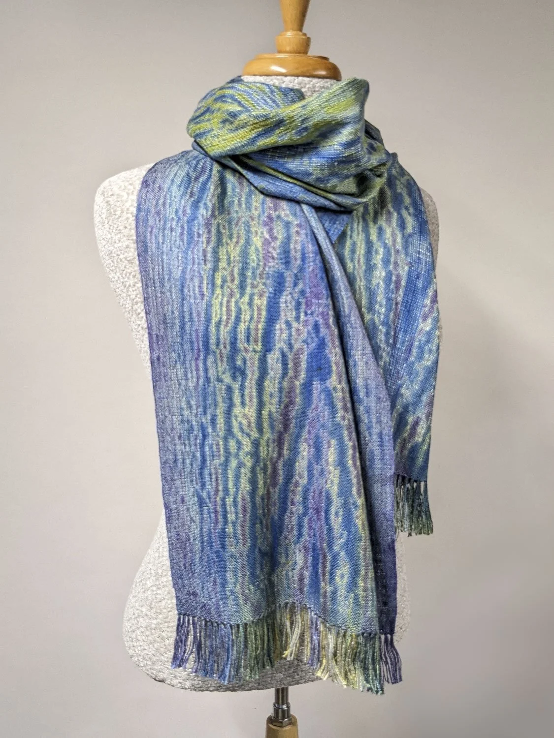 TURQUOISE, GREEN & PURPLE SHIBORI SCARF, 13 x 69 inches + fringe, SOLD