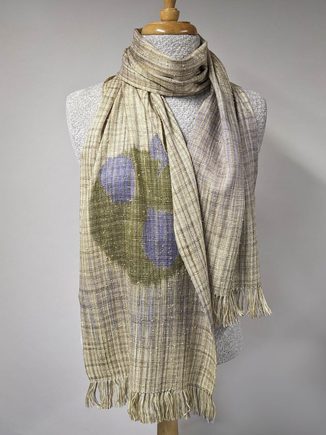 GREEN DOT & RED BUD LEAVES STENCILED SCARF, 13.5 x 71 inches + fringe, $195