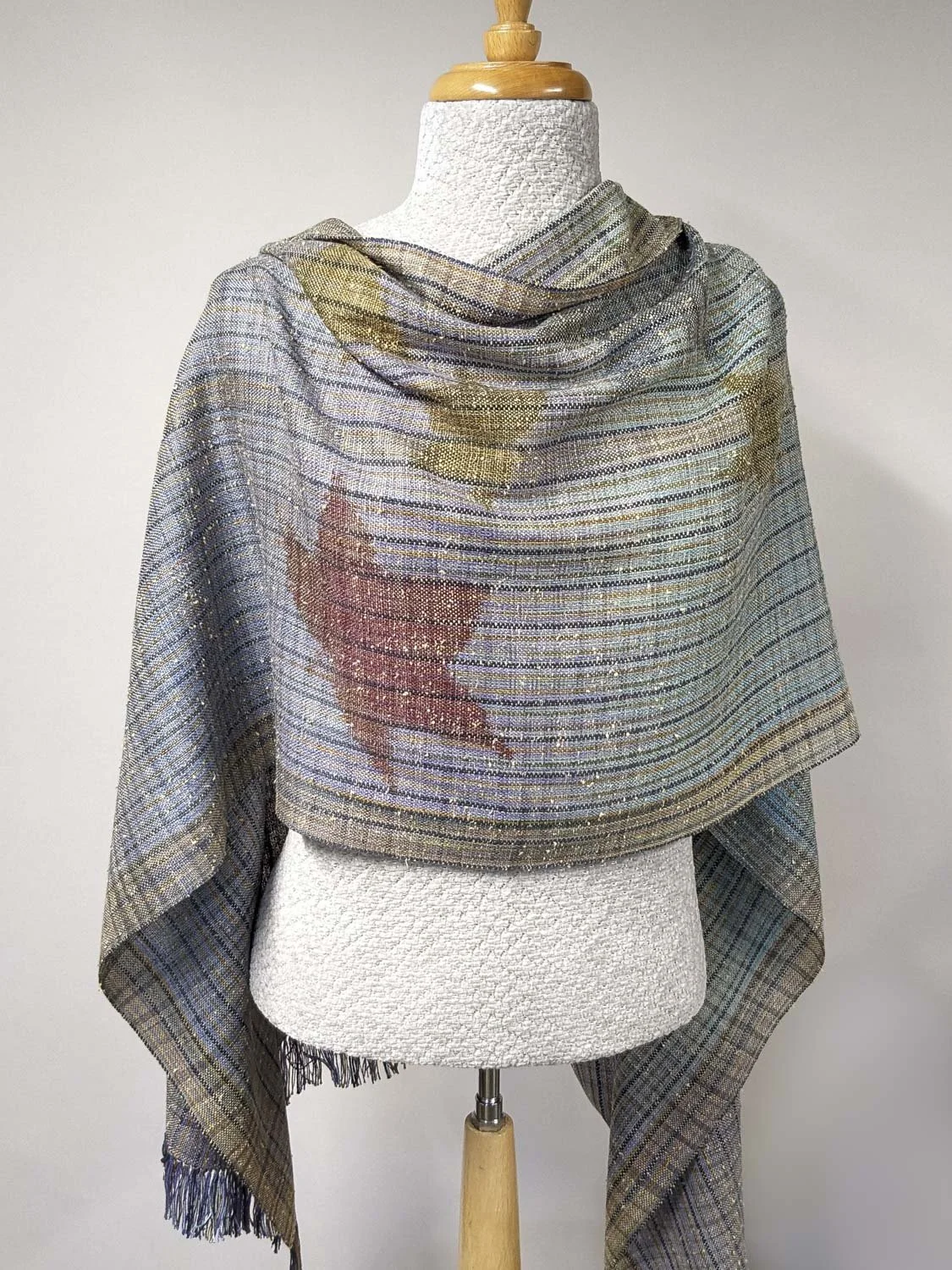 DUSTY BLUE SWEET GUM LEAVES STENCILED WRAP, 21 x 74 inches + fringe, $355