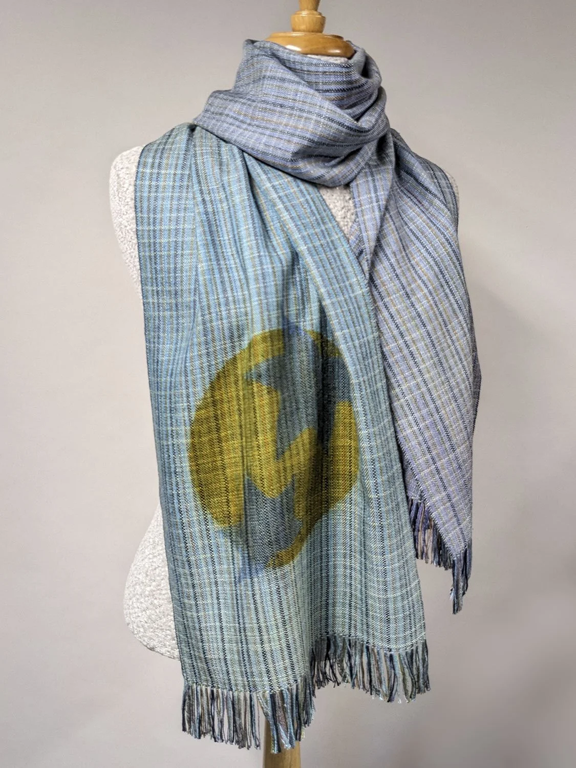 TURQUOISE/BLUE STENCILED DOT & SWEET GUM LEAF SCARF, 13.5 x 71 inches + fringe, $245
