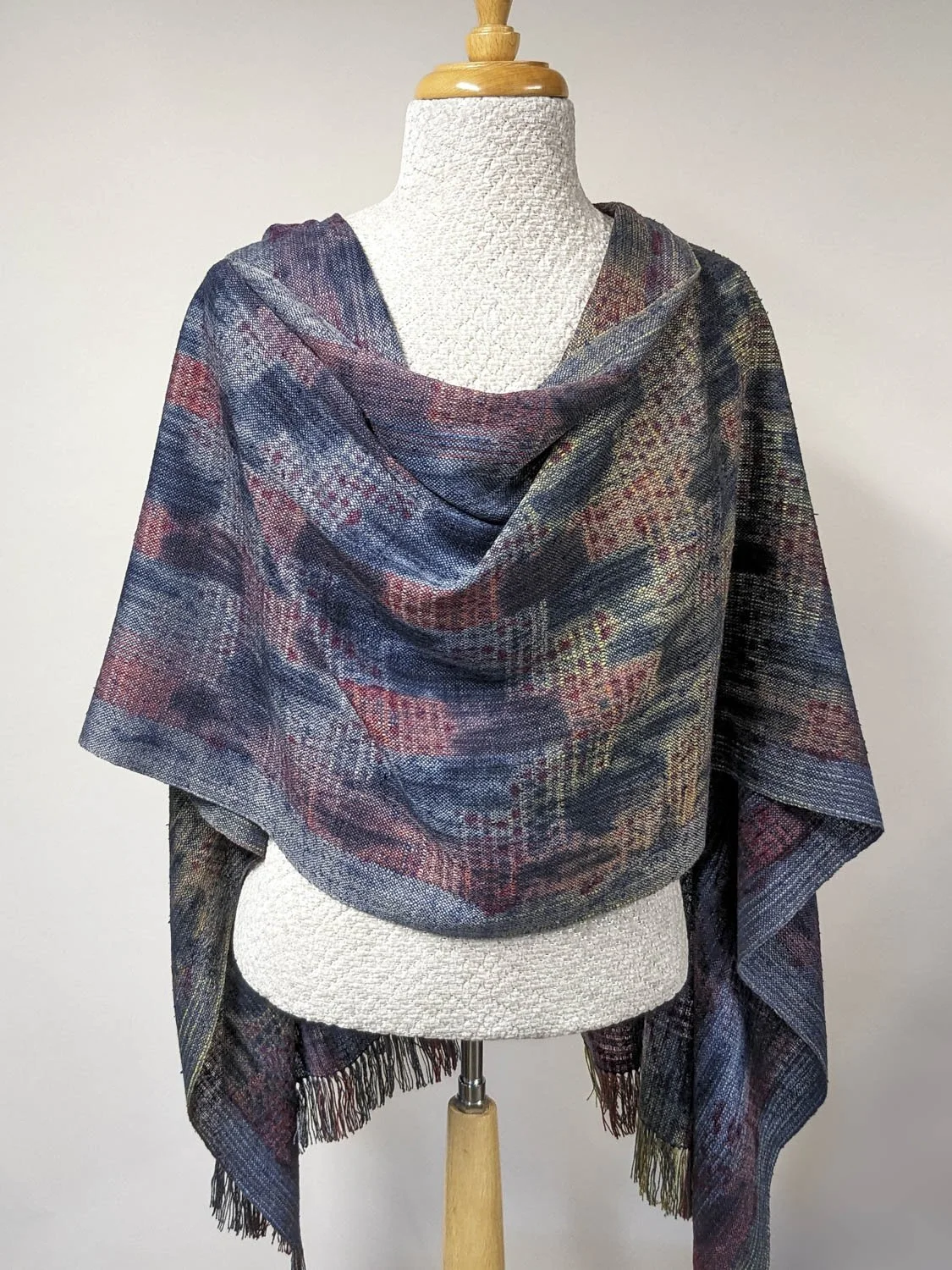 DEEP BLUE & RED SHIBORI WRAP, 21 x 76 inches + fringe, $290