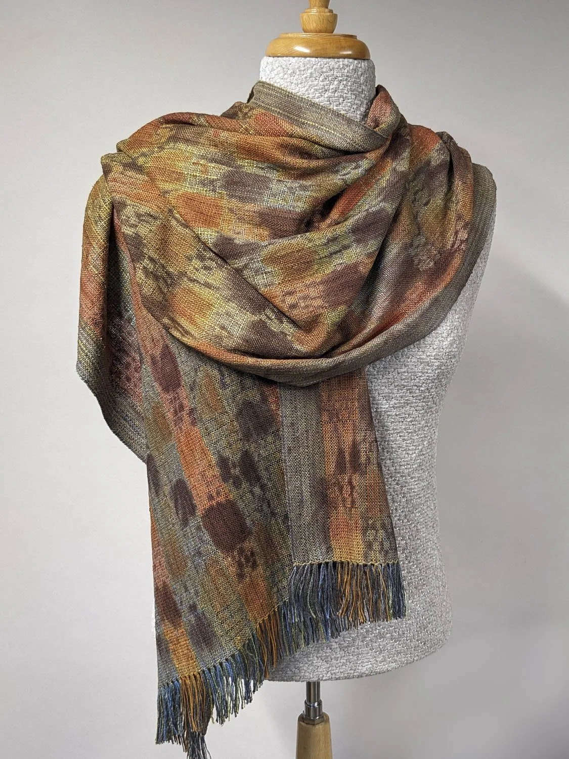 ORANGE, BROWN & BLUE SHIBORI WRAP, 21 x 78 inches + fringe, $290
