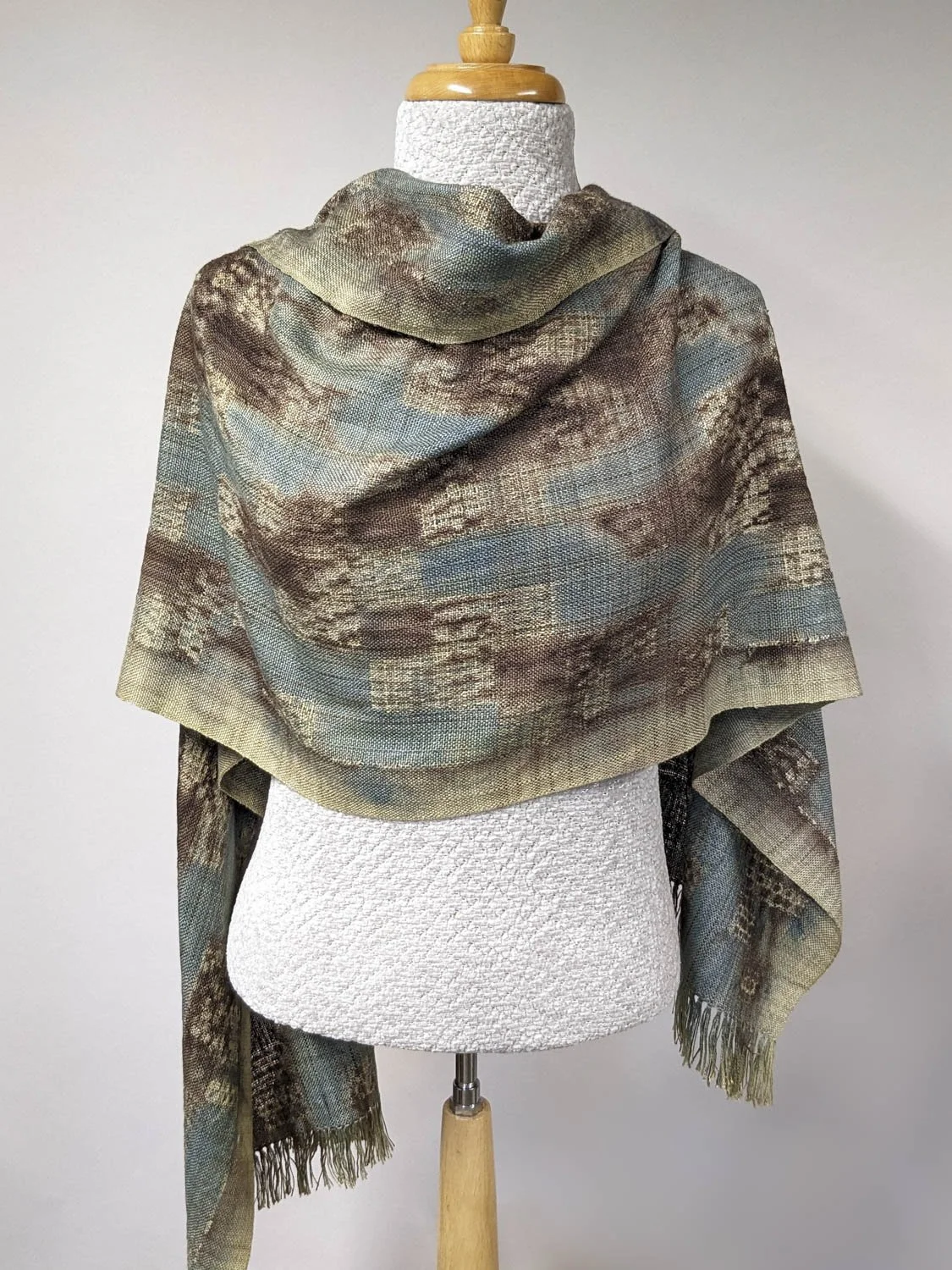 TURQUOISE & BROWN SHIBORI WRAP, 21 x 67 inches + fringe, $290