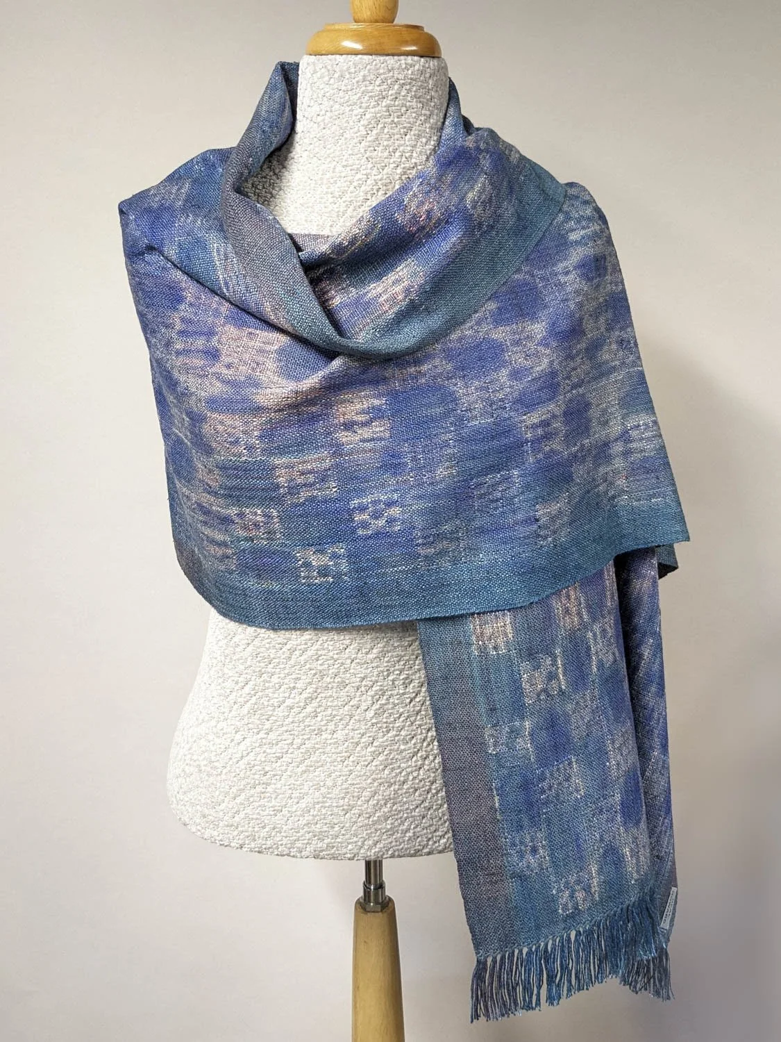 BLUE & TURQUOISE SHIBORI WRAP, 19.5 x 70 inches + fringe, $290