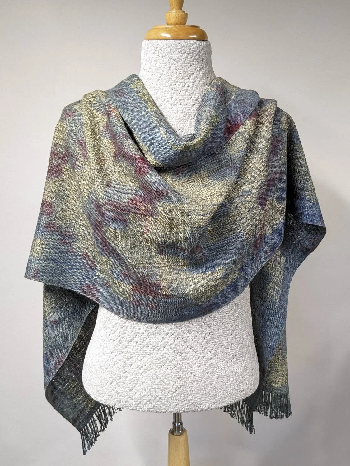 BLUE/GREEN & RED SPOTTED SHIBORI WRAP, 19.75 x 69 inches + fringe, $290