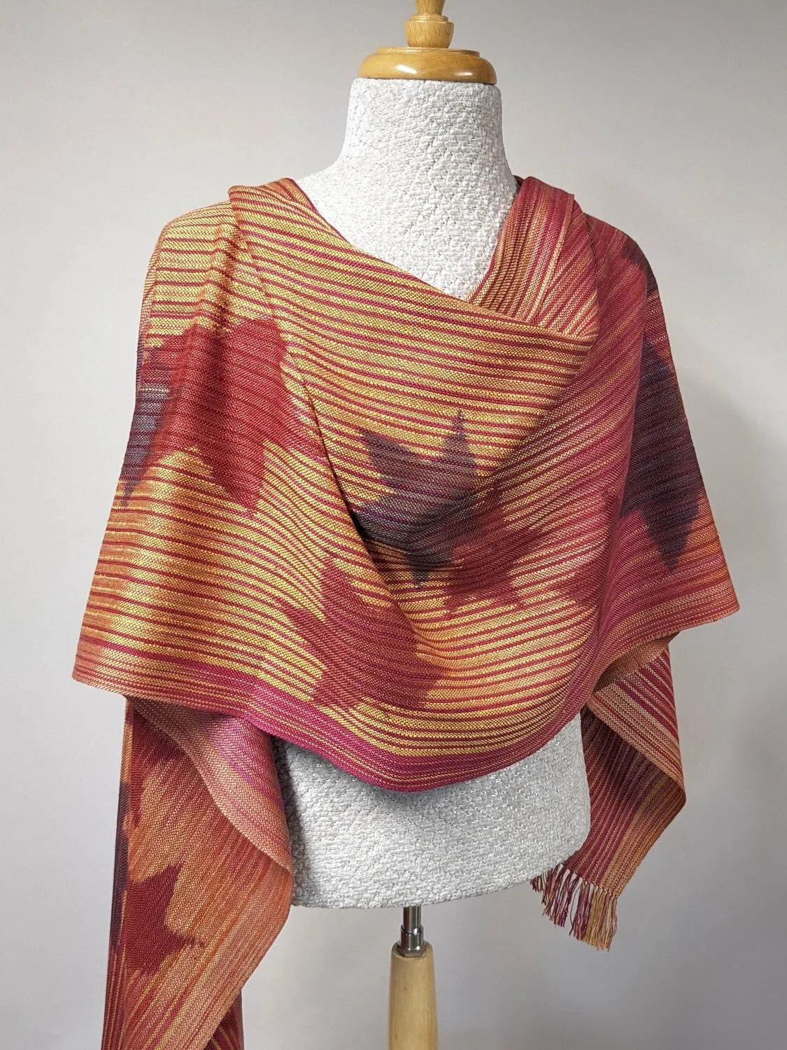 AUTUMN RED SWEET GUM LEAVES STENCILED WRAP, 21 x 75 inches + fringe, $355