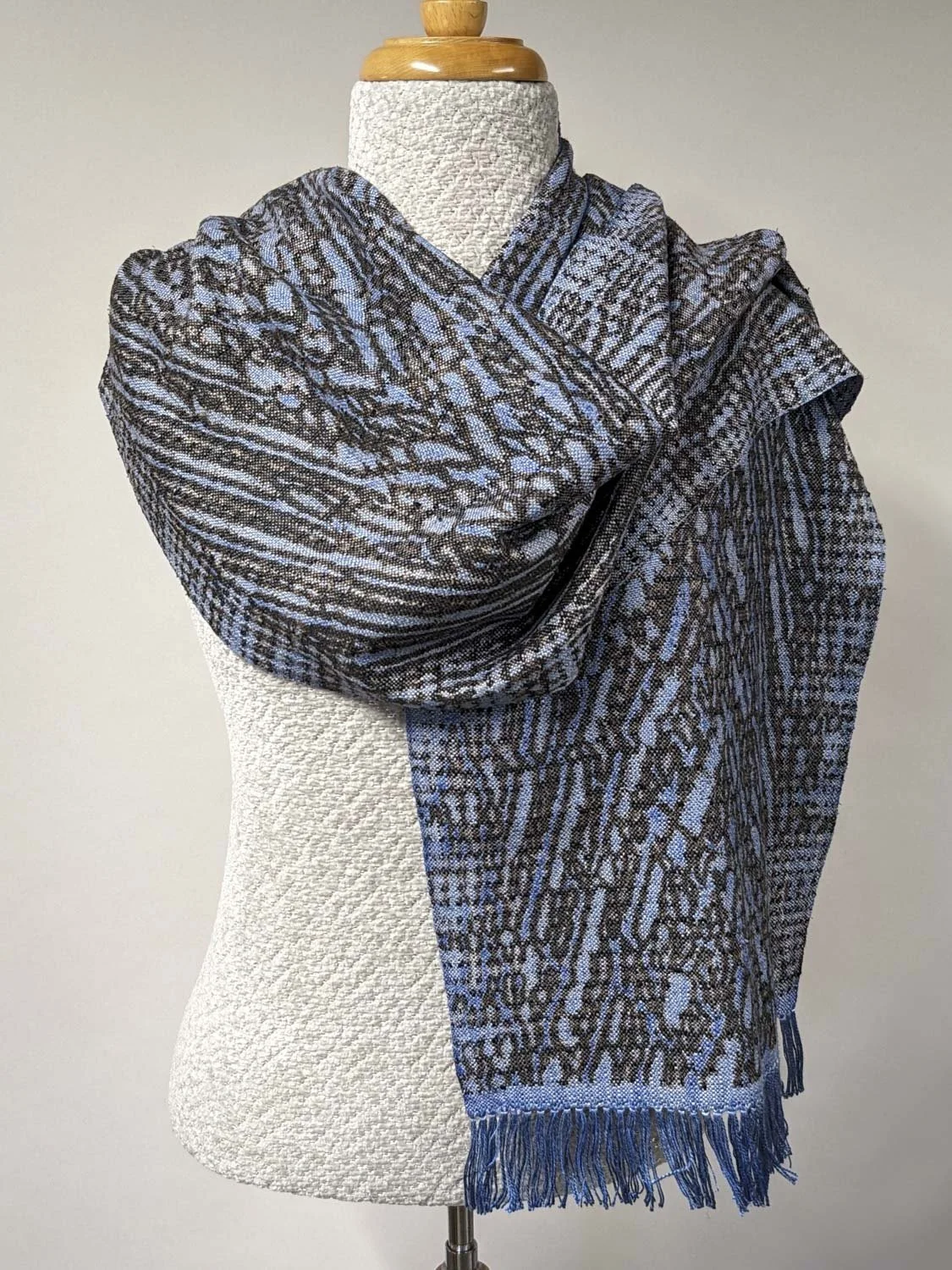 BLUE & BLACK GATHERED/DOUBLE DYED SCARF, 13 x 68 inches + fringe, SOLD