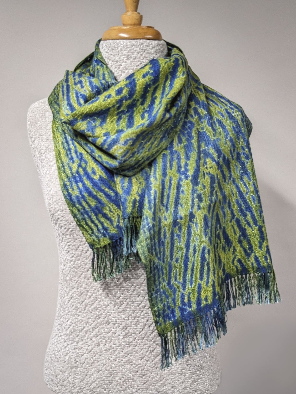BRIGHT BLUE & GREEN SHIBORI SCARF, 13.5 x 69 inches + fringe, $185