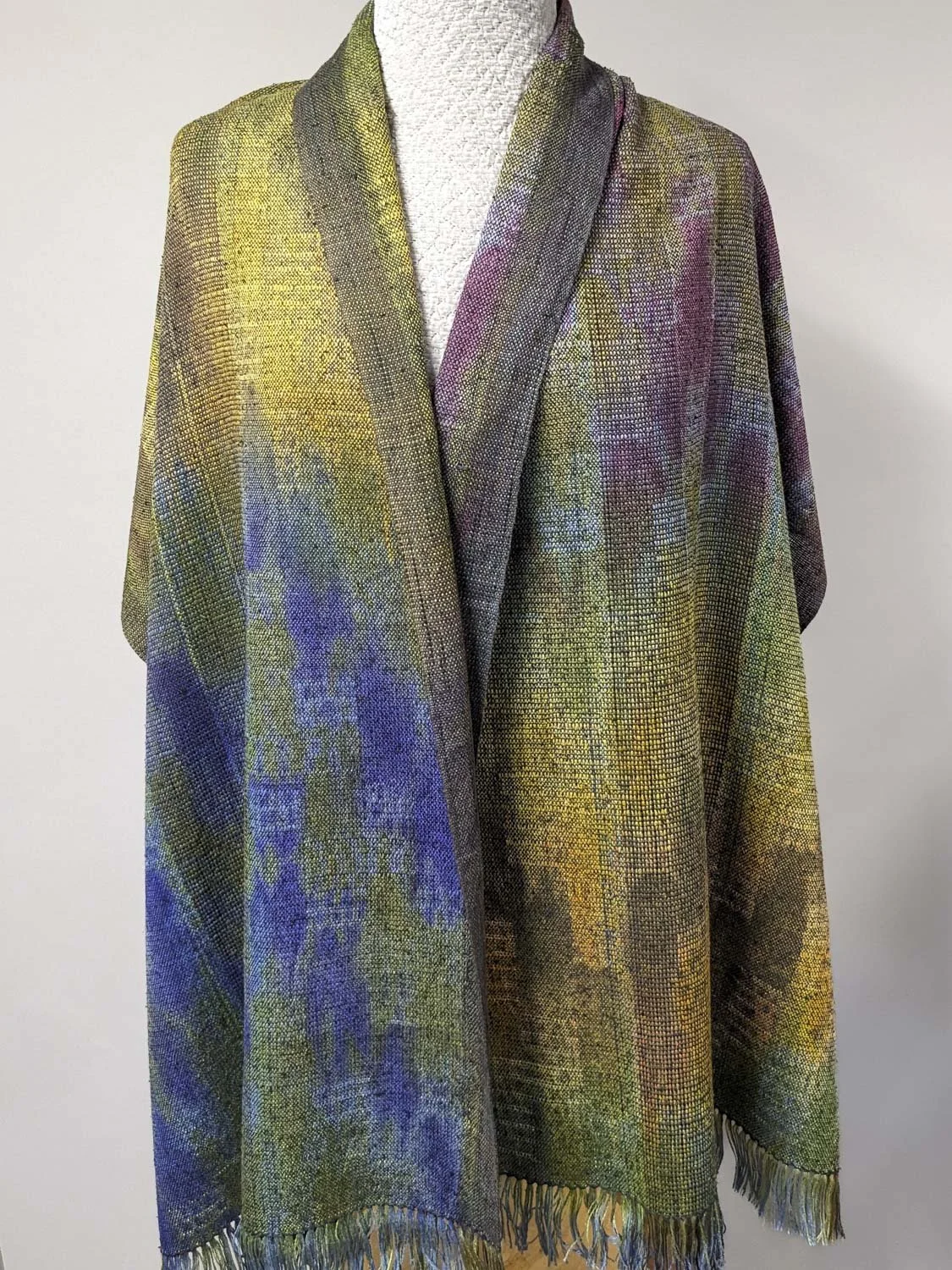 MULTI-COLOR SHIBORI WRAP, 21 x 72 inches + fringe, $290