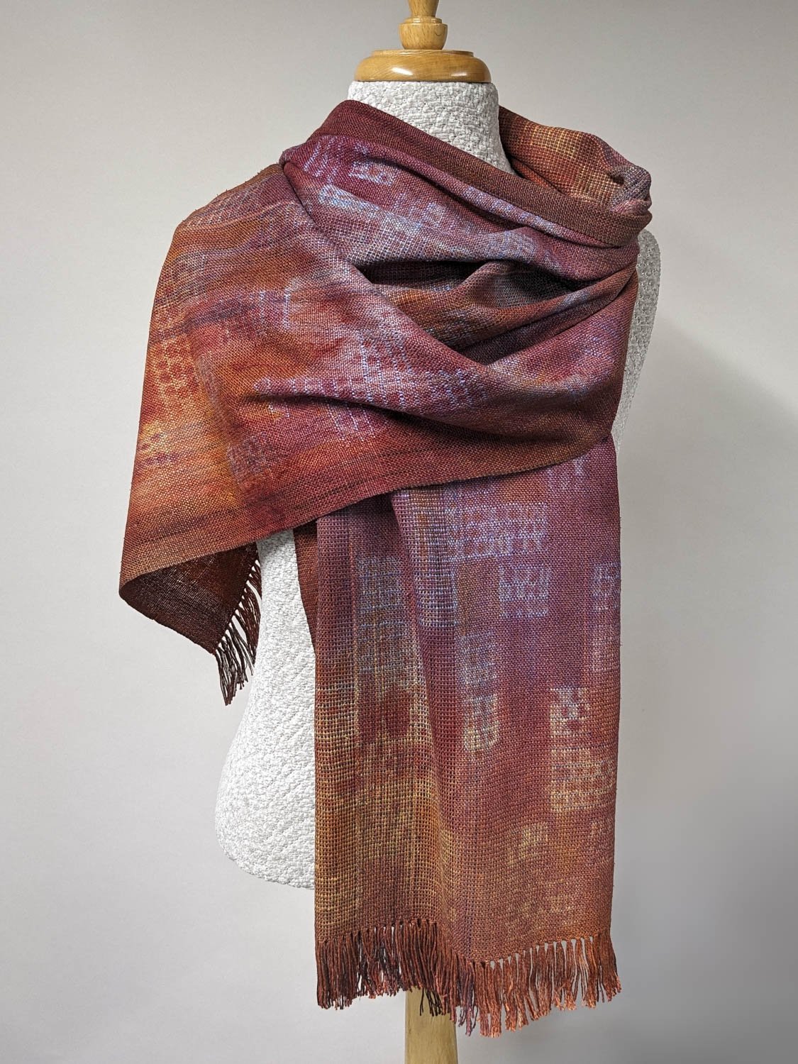 MOLTEN REDS SHIBORI WRAP, 21 x 70 inches + fringe, $299