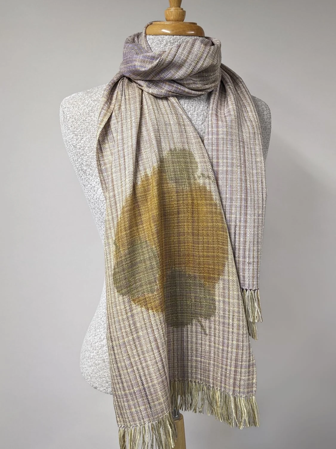 RED BUD LEAVES & GOLD DOT STENCILED SCARF, 14 x 70 inches + fringe, $195