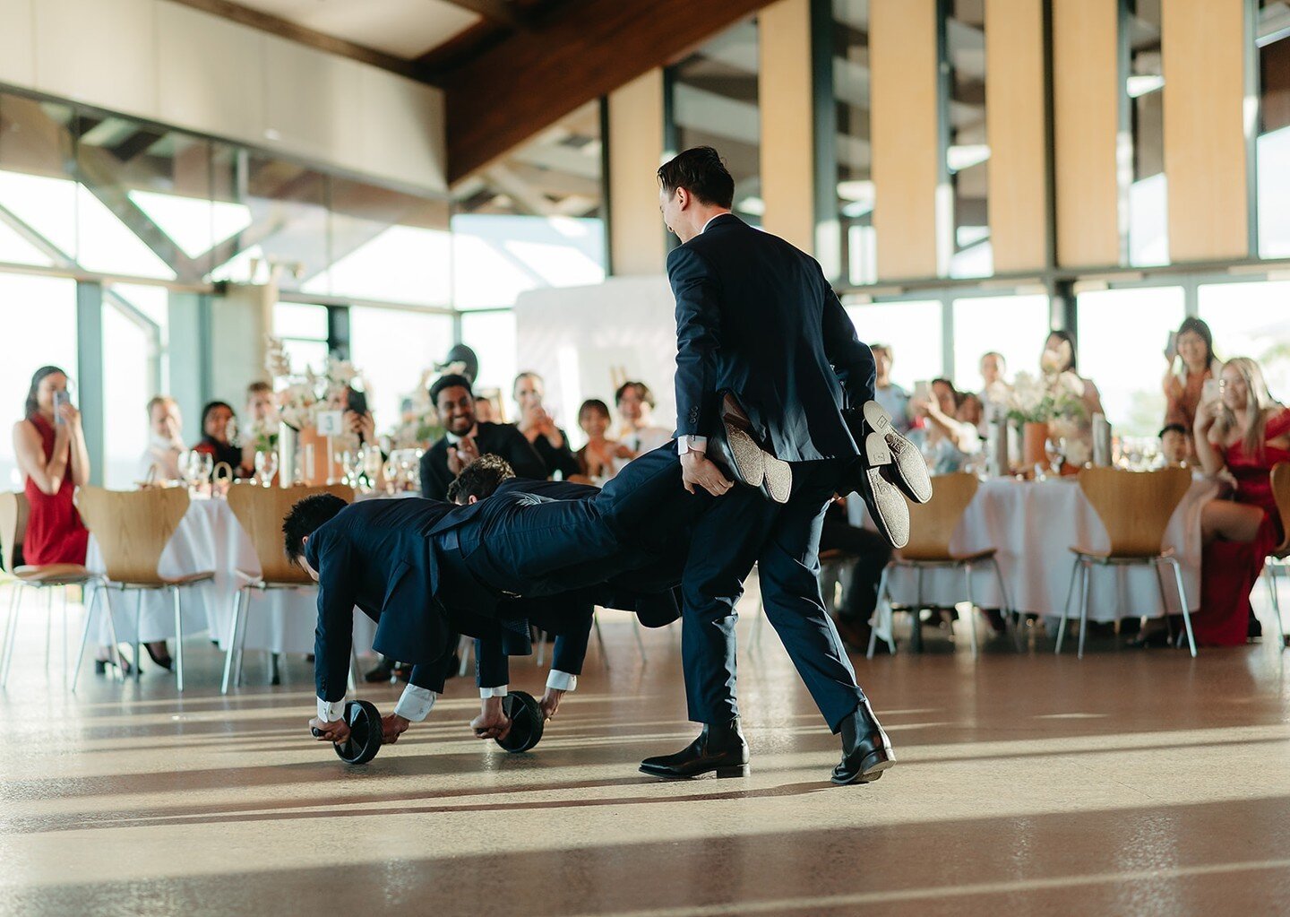 &quot;They see me rollin...&quot; 🎵😂⁠
⁠
Now that is how groomsmen successfully enter the wedding reception - Loved your work fellas! 😎👌 ⁠
⁠
📍@nationalarboretumcanberra⁠
📷 @naliawedding⁠
⁠
#bridalpartyentrances #groomsmen #wedding #canberra #arb